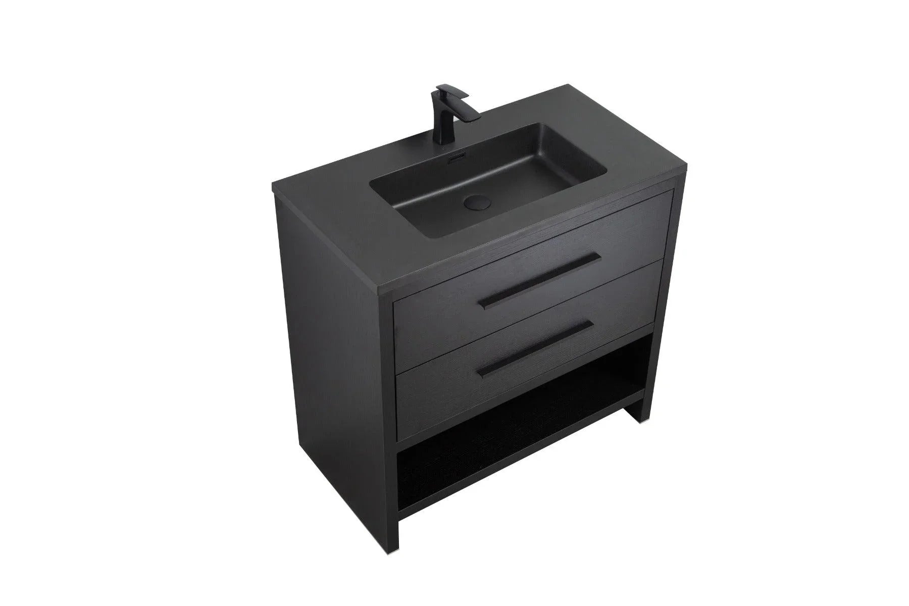 36" Black Rough Oak Freestanding Bathroom Vanity with Black Engineered Quartz Countertop-Migration_Bathroom Vanities-DECOROLALA
