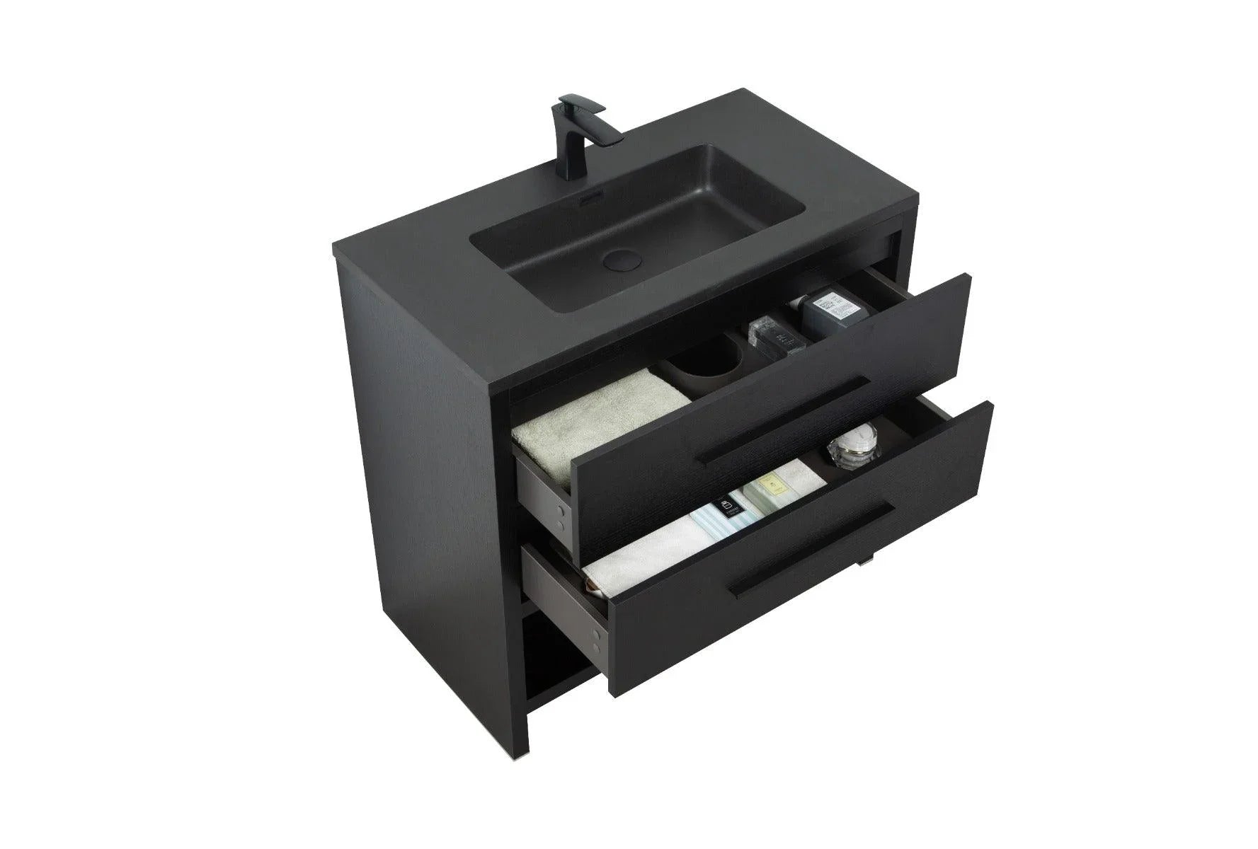 36" Black Rough Oak Freestanding Bathroom Vanity with Black Engineered Quartz Countertop-Migration_Bathroom Vanities-DECOROLALA