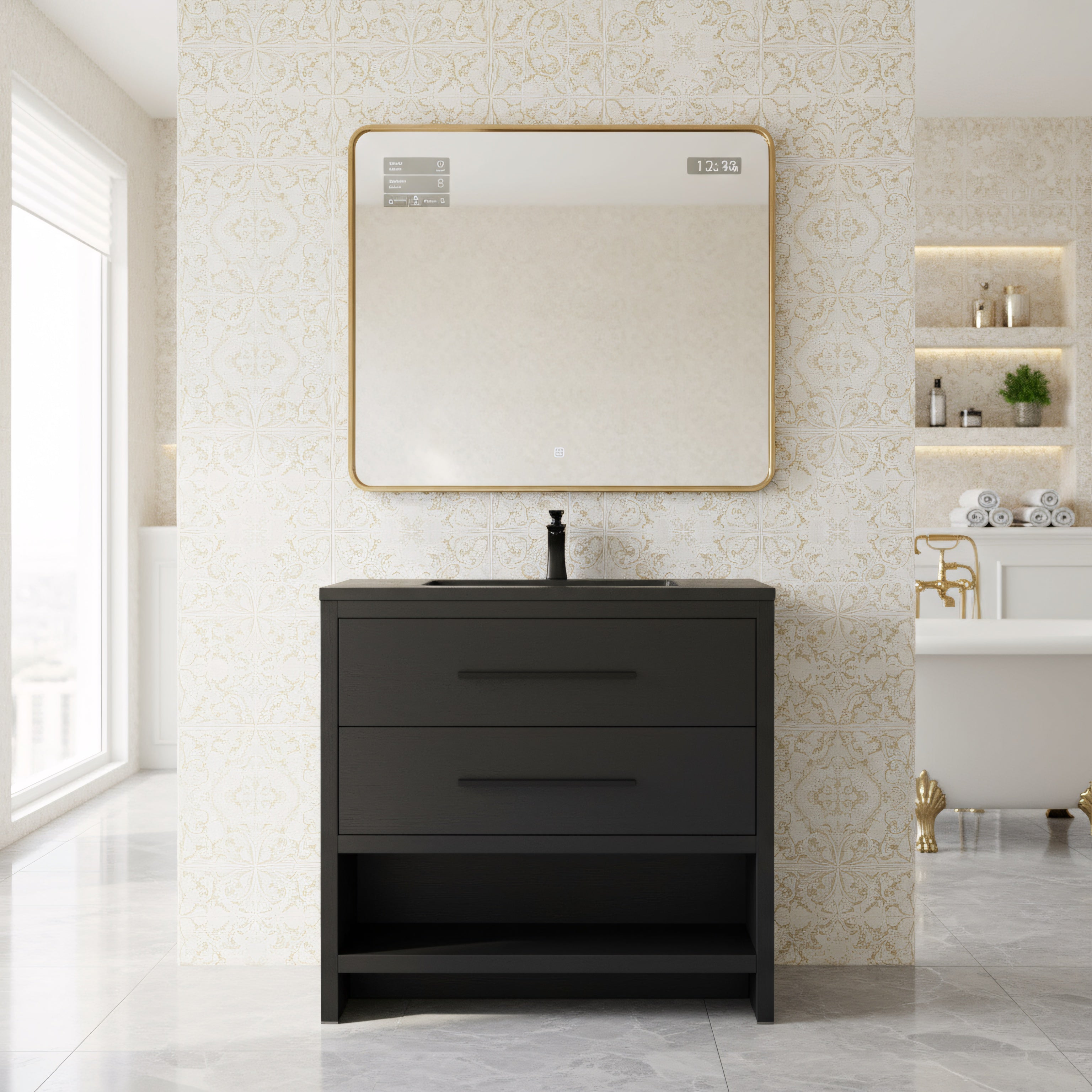36" Black Rough Oak Freestanding Bathroom Vanity with Black Engineered Quartz Countertop-Migration_Bathroom Vanities-DECOROLALA