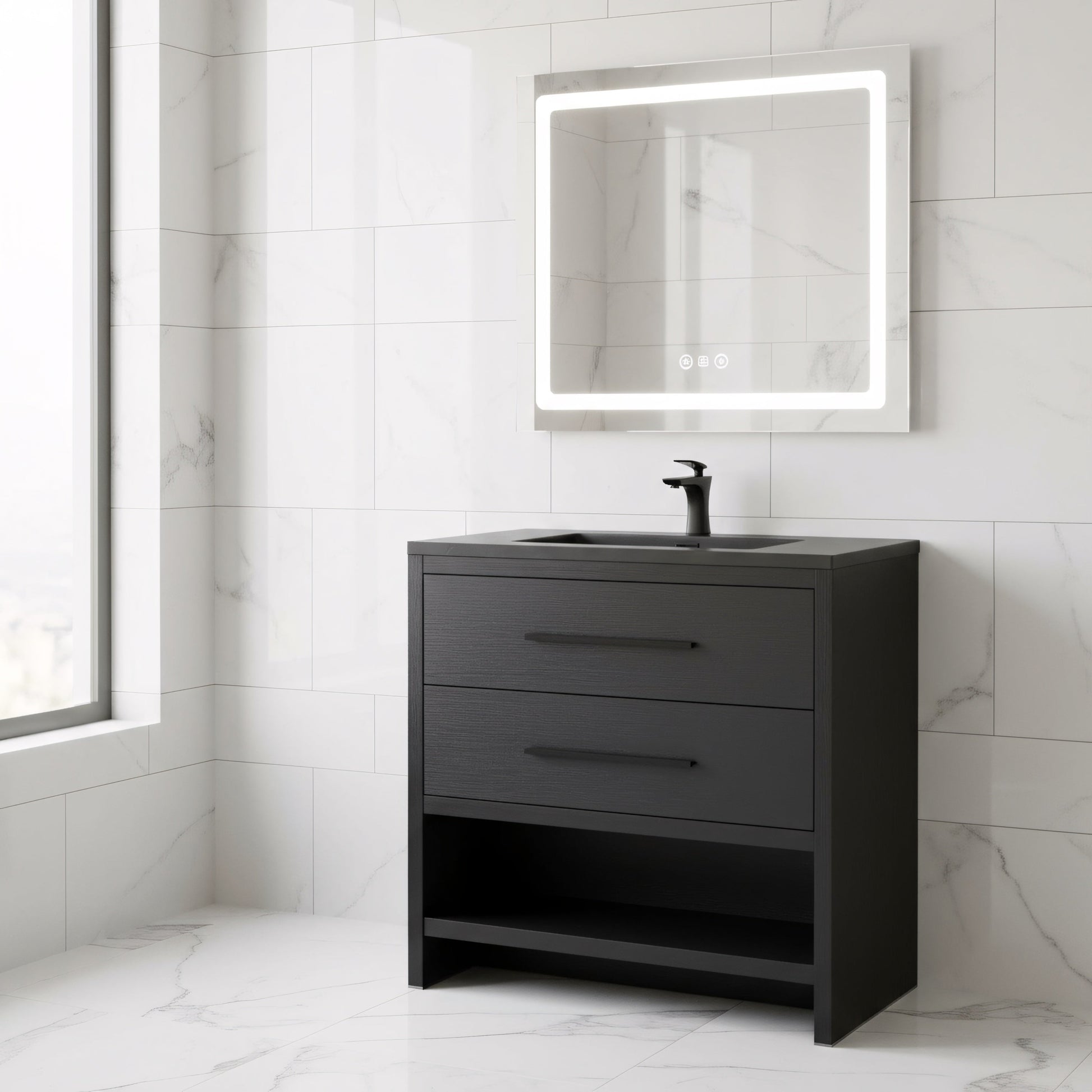 36" Black Rough Oak Freestanding Bathroom Vanity with Black Engineered Quartz Countertop-Migration_Bathroom Vanities-DECOROLALA