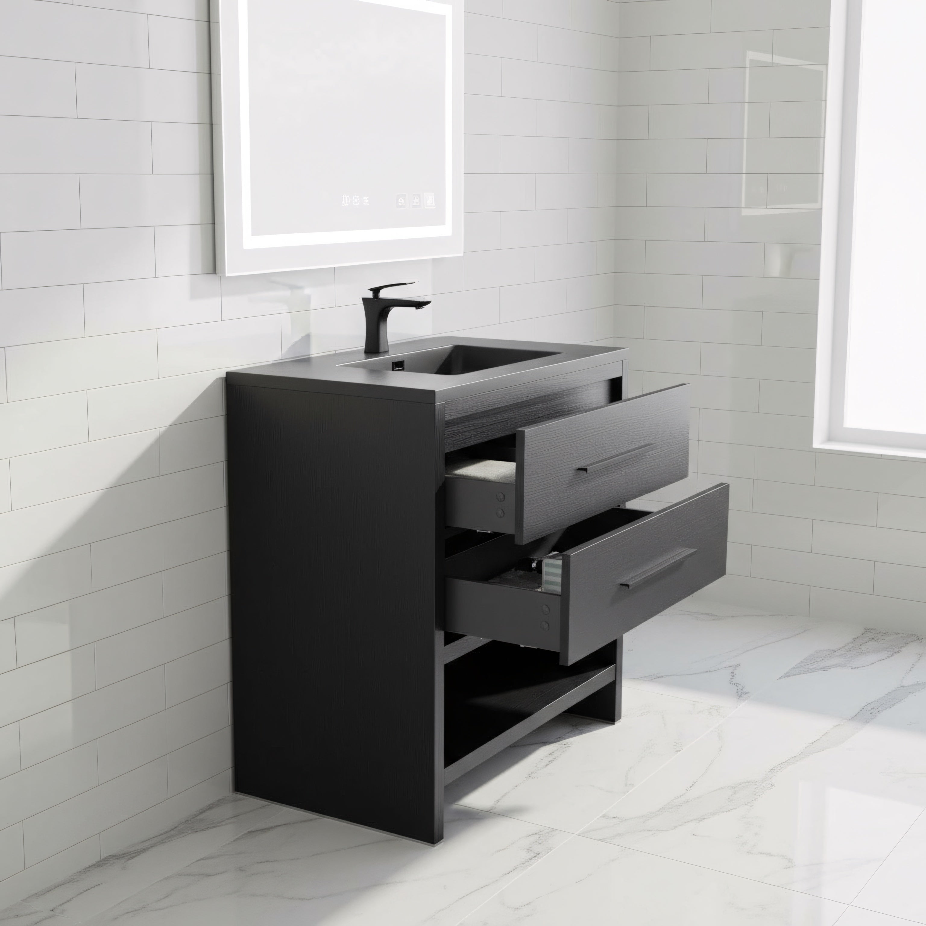36" Black Rough Oak Freestanding Bathroom Vanity with Black Engineered Quartz Countertop-Migration_Bathroom Vanities-DECOROLALA