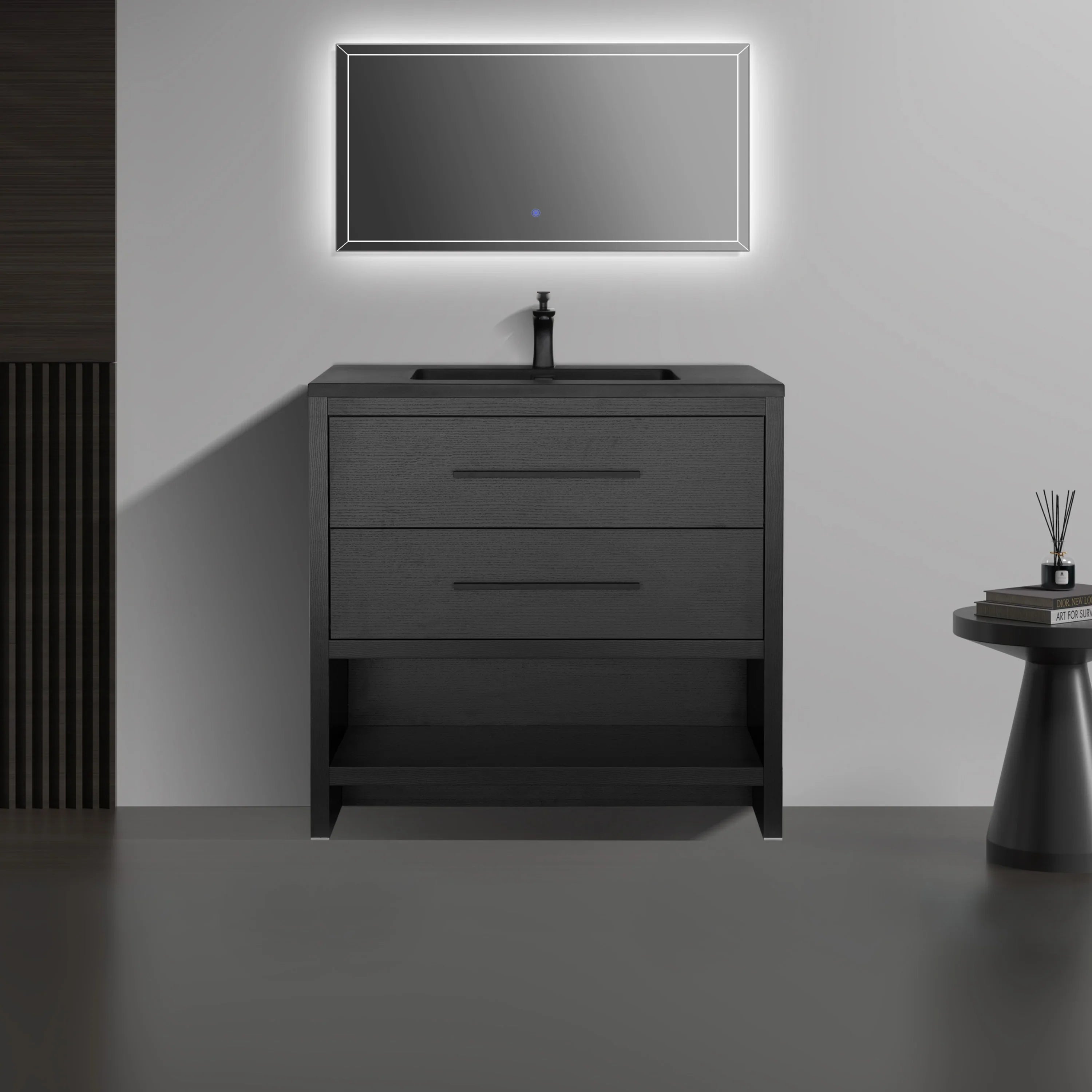 36" Black Rough Oak Freestanding Bathroom Vanity with Black Engineered Quartz Countertop-Migration_Bathroom Vanities-DECOROLALA