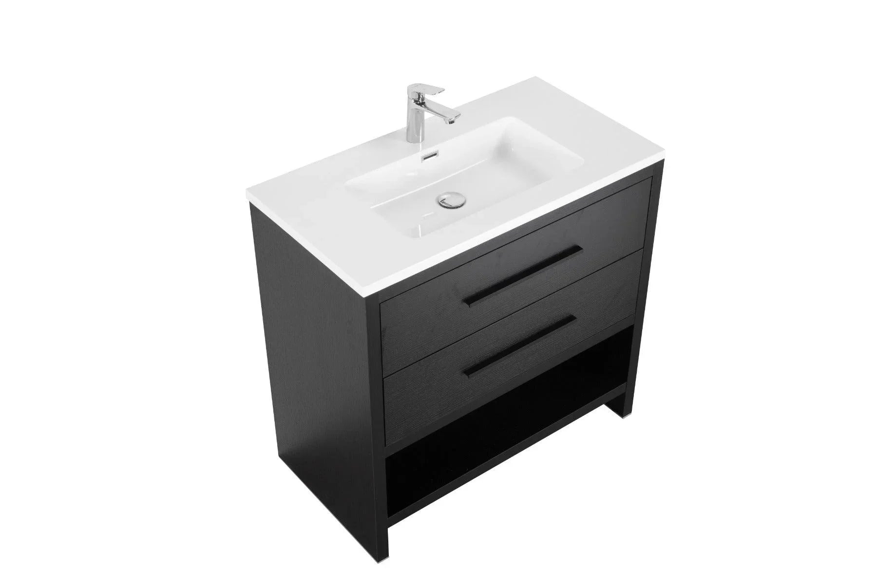 36" Black Rough Oak Freestanding Bathroom Vanity with White Polymarble Countertop-Migration_Bathroom Vanities-DECOROLALA