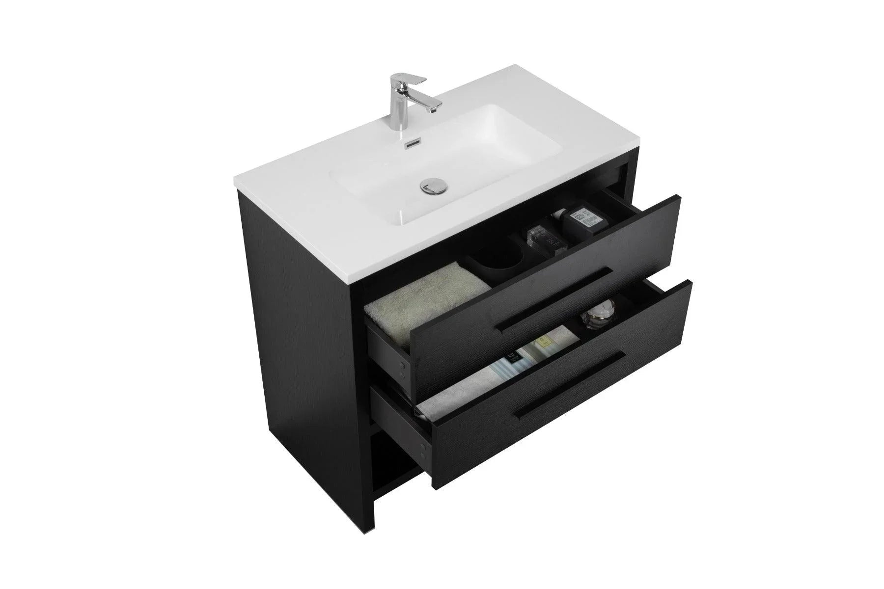 36" Black Rough Oak Freestanding Bathroom Vanity with White Polymarble Countertop-Migration_Bathroom Vanities-DECOROLALA