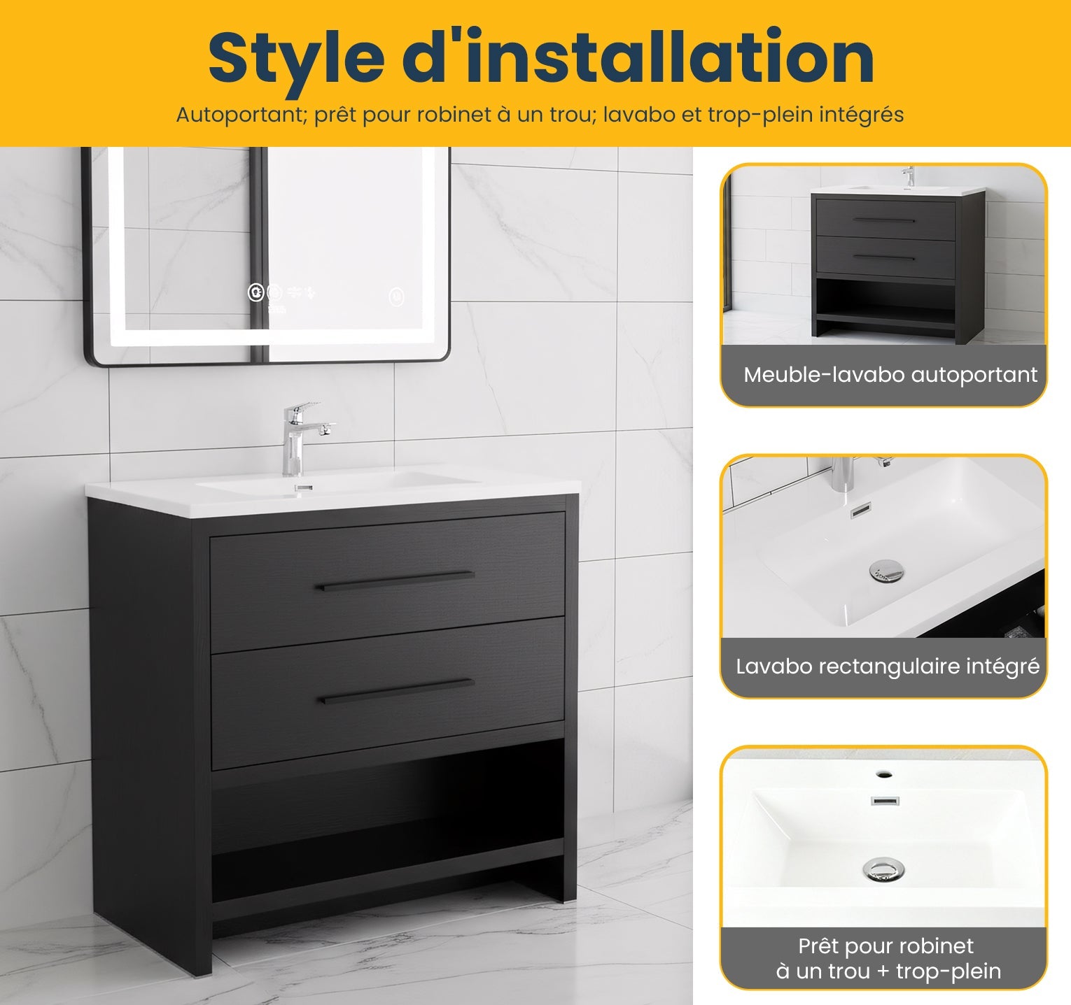 36" Black Rough Oak Freestanding Bathroom Vanity with White Polymarble Countertop-Migration_Bathroom Vanities-DECOROLALA