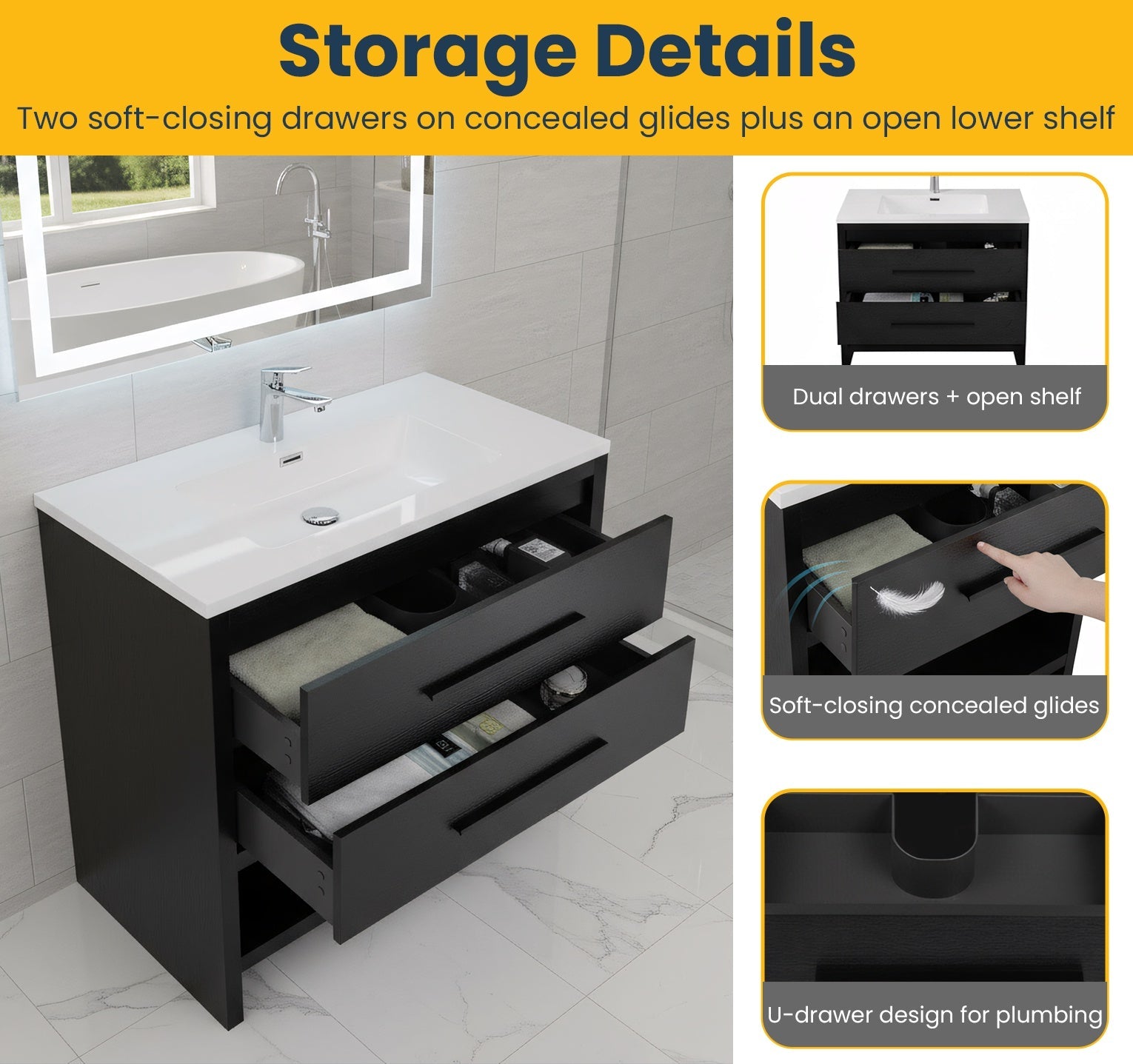 36" Black Rough Oak Freestanding Bathroom Vanity with White Polymarble Countertop-Migration_Bathroom Vanities-DECOROLALA