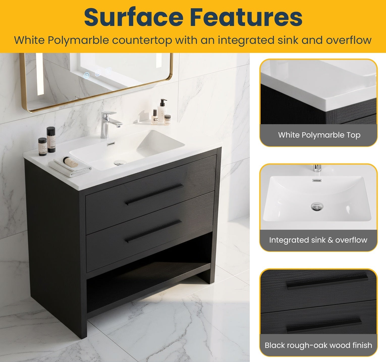 36" Black Rough Oak Freestanding Bathroom Vanity with White Polymarble Countertop-Migration_Bathroom Vanities-DECOROLALA