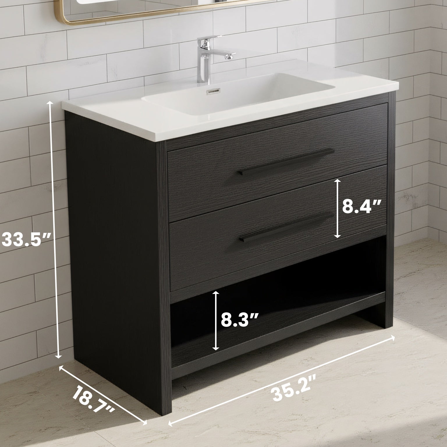 36" Black Rough Oak Freestanding Bathroom Vanity with White Polymarble Countertop-Migration_Bathroom Vanities-DECOROLALA