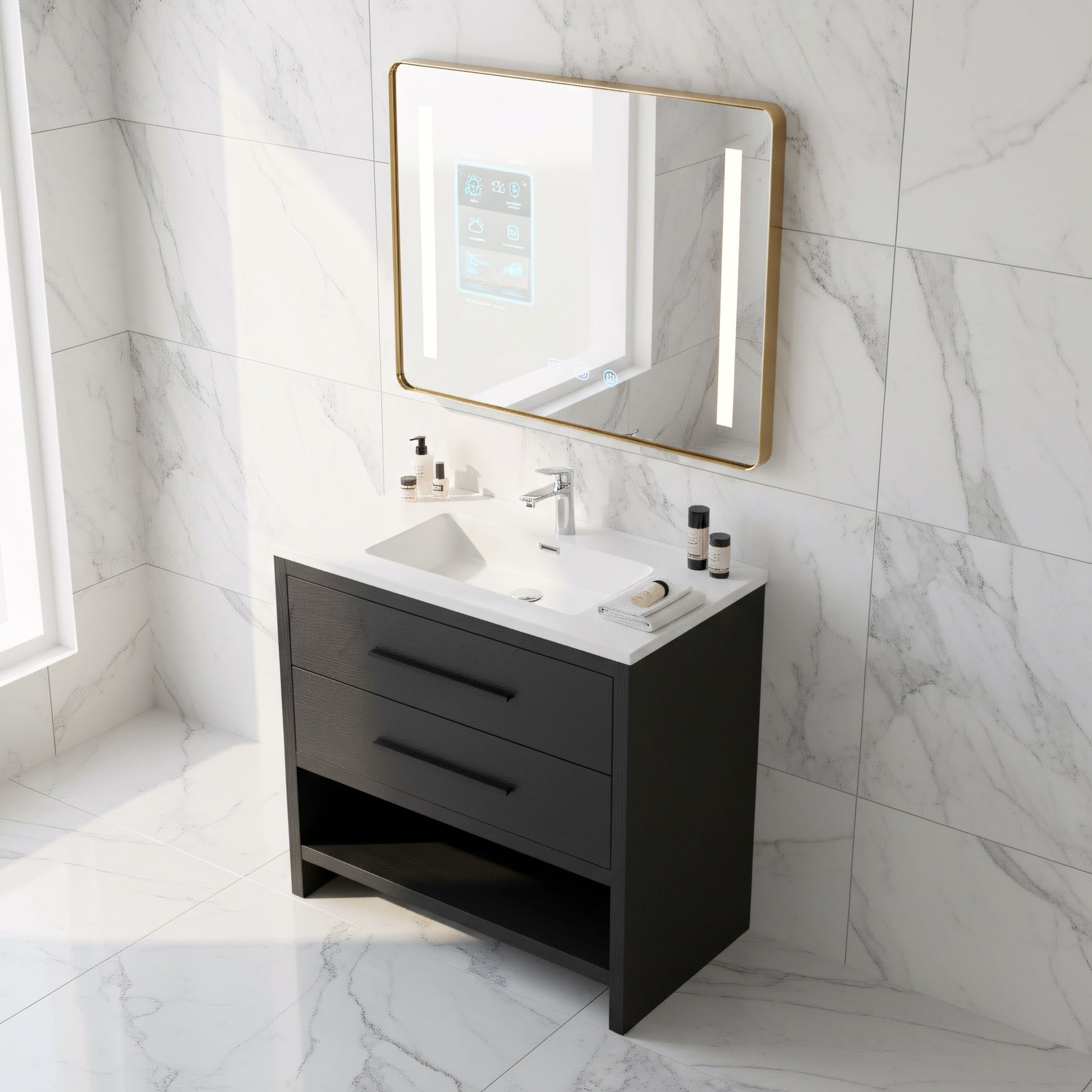 36" Black Rough Oak Freestanding Bathroom Vanity with White Polymarble Countertop-Migration_Bathroom Vanities-DECOROLALA