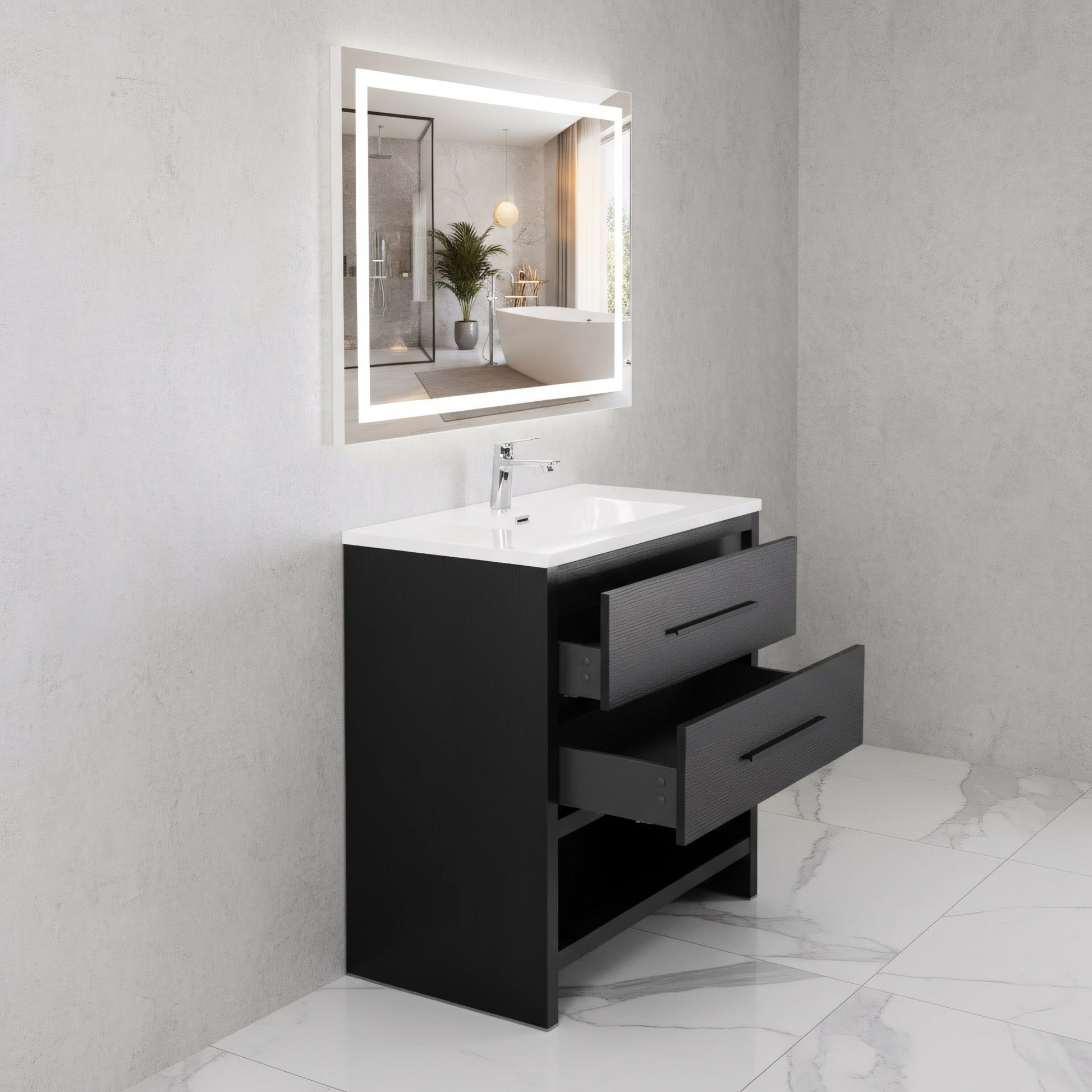 36" Black Rough Oak Freestanding Bathroom Vanity with White Polymarble Countertop-Migration_Bathroom Vanities-DECOROLALA