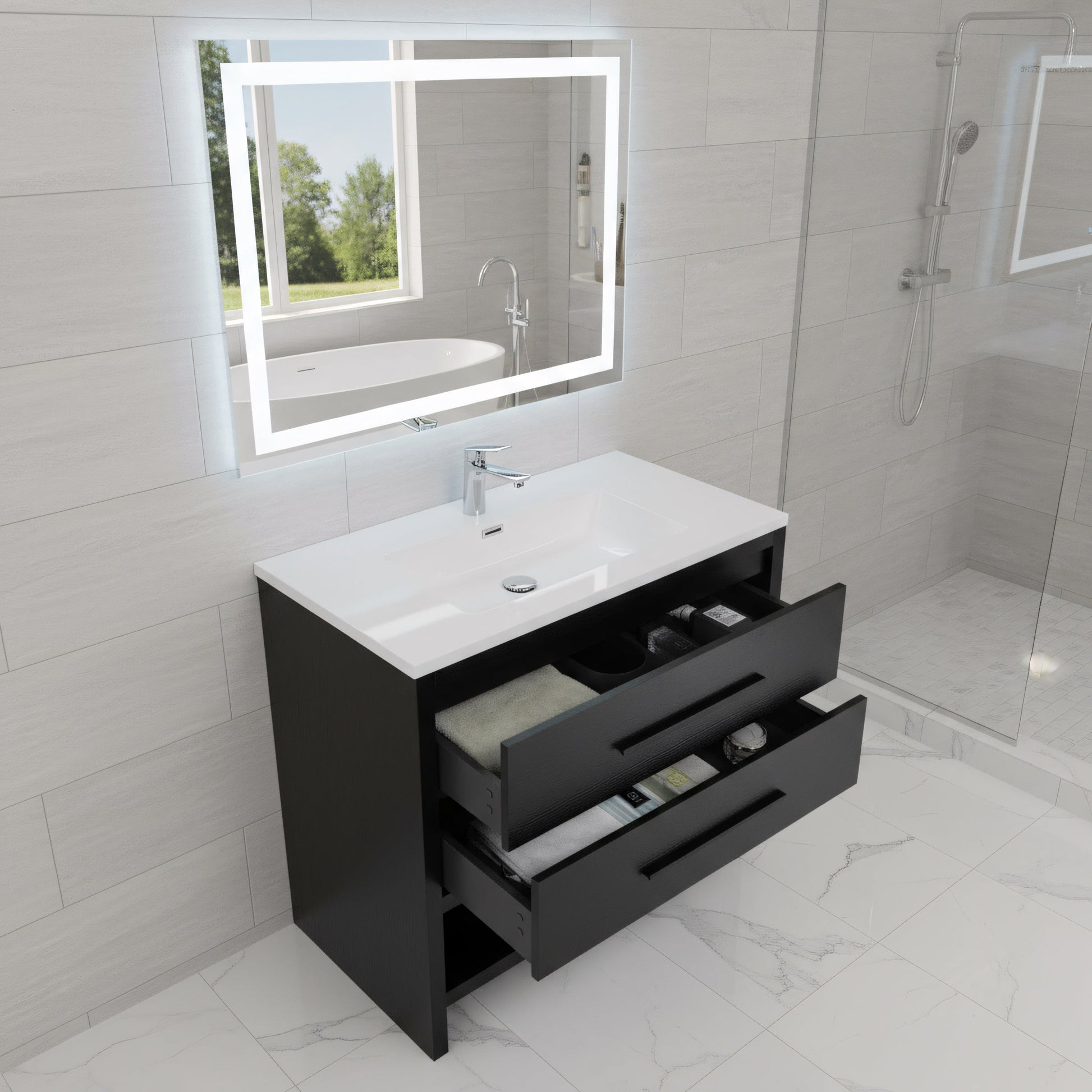 36" Black Rough Oak Freestanding Bathroom Vanity with White Polymarble Countertop-Migration_Bathroom Vanities-DECOROLALA