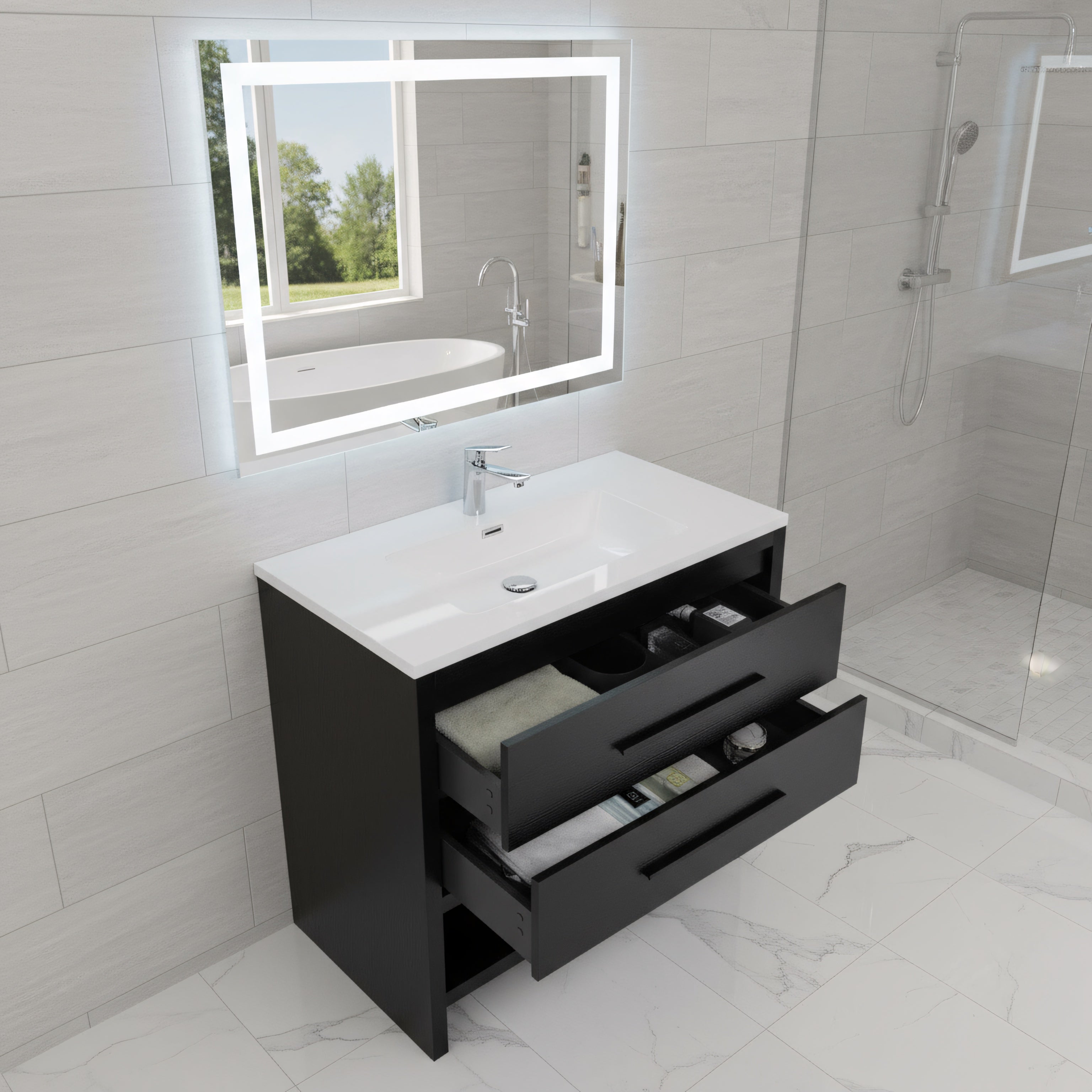36" Black Rough Oak Freestanding Bathroom Vanity with White Polymarble Countertop-Migration_Bathroom Vanities-DECOROLALA