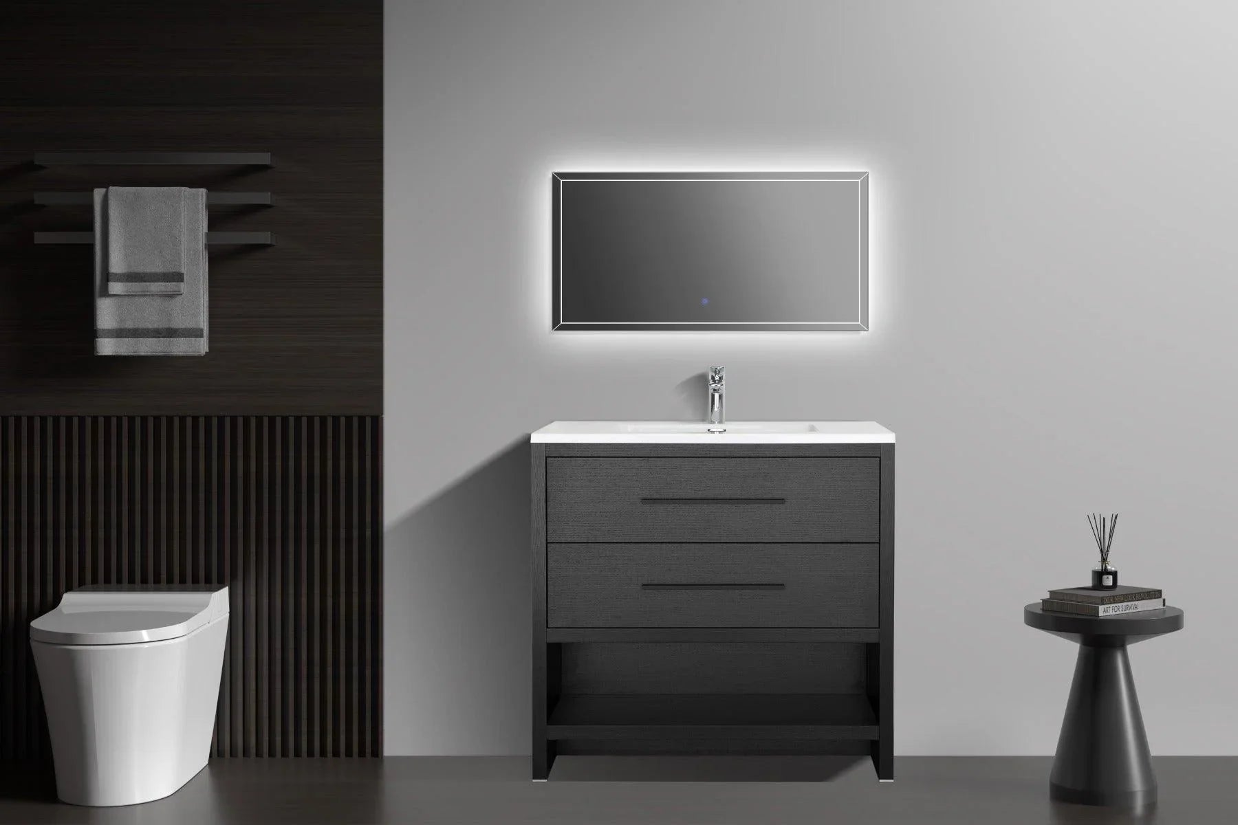 36" Black Rough Oak Freestanding Bathroom Vanity with White Polymarble Countertop-Migration_Bathroom Vanities-DECOROLALA