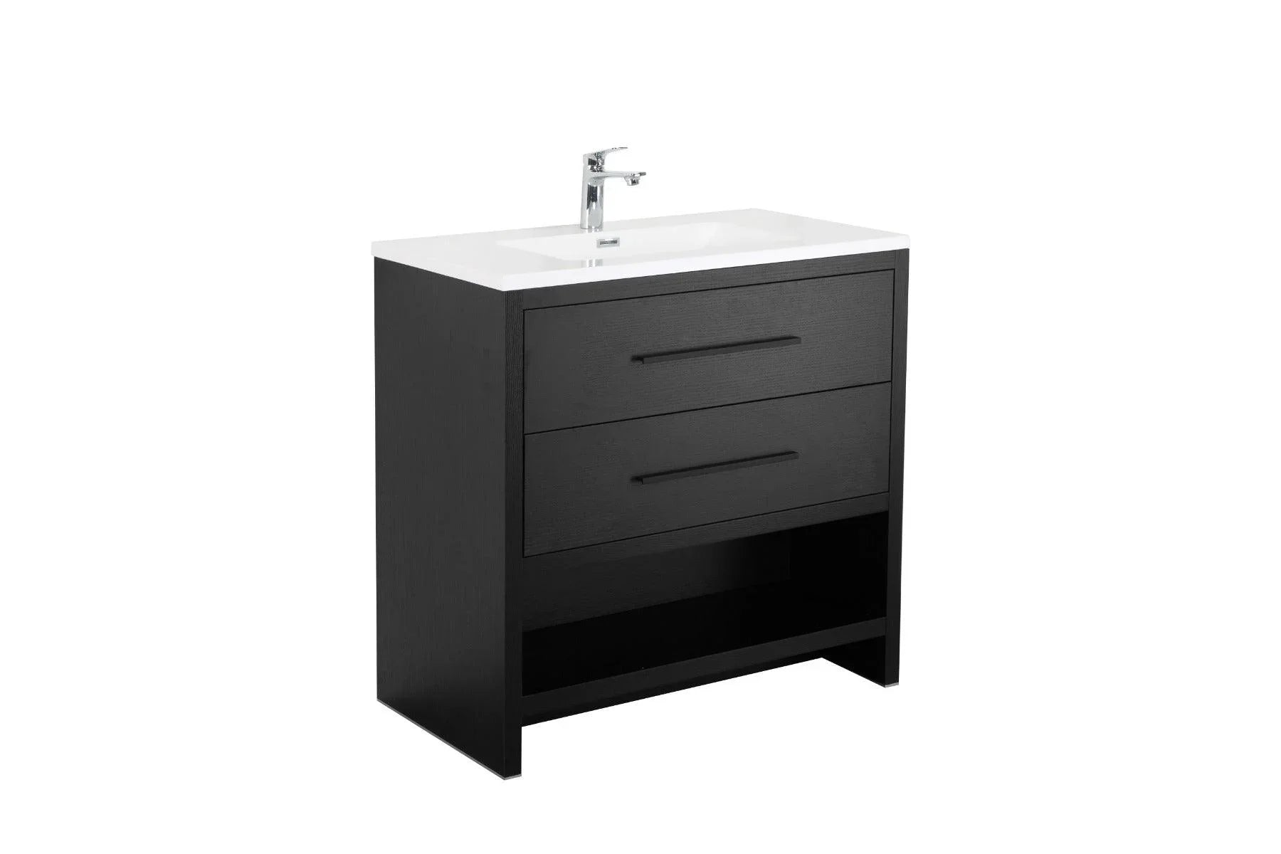 36" Black Rough Oak Freestanding Bathroom Vanity with White Polymarble Countertop-Migration_Bathroom Vanities-DECOROLALA