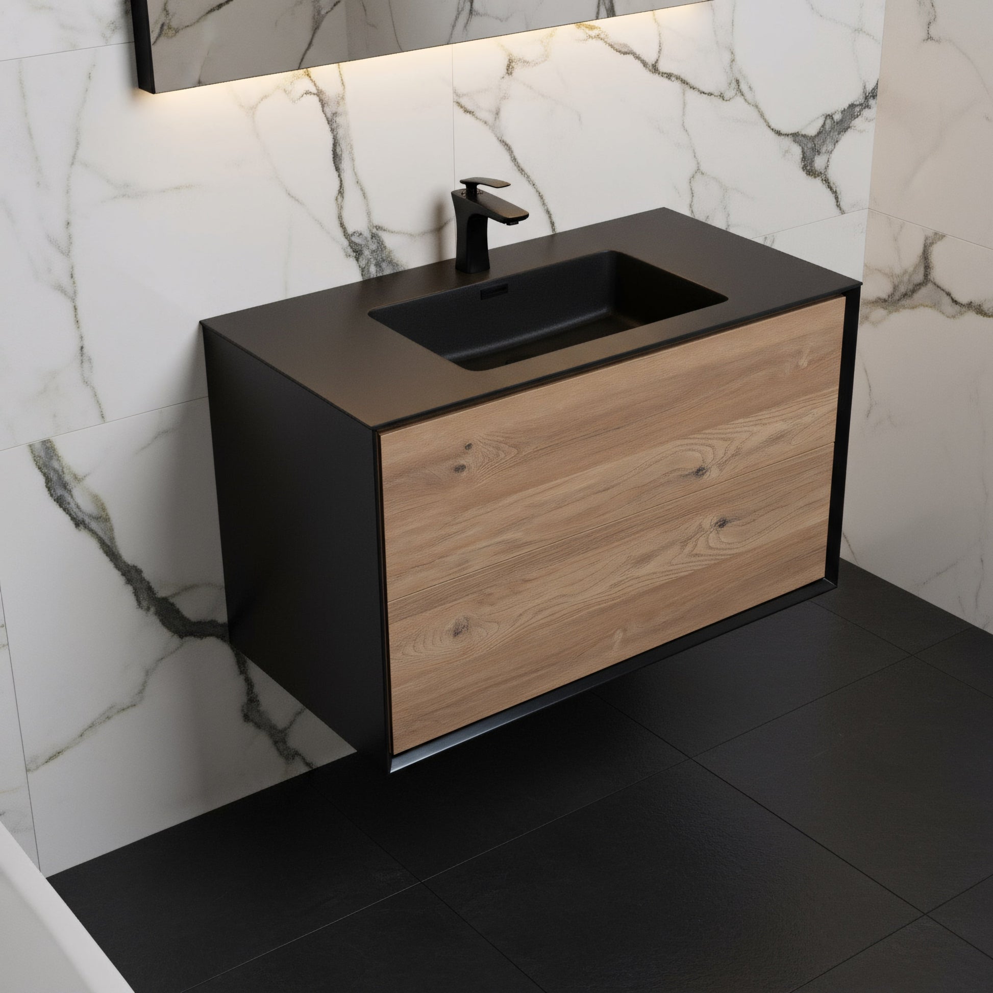 36" Black & Rough Oak Wall Mount Bathroom Vanity with Black Engineered Quartz Countertop Fleur-Migration_Bathroom Vanities-DECOROLALA