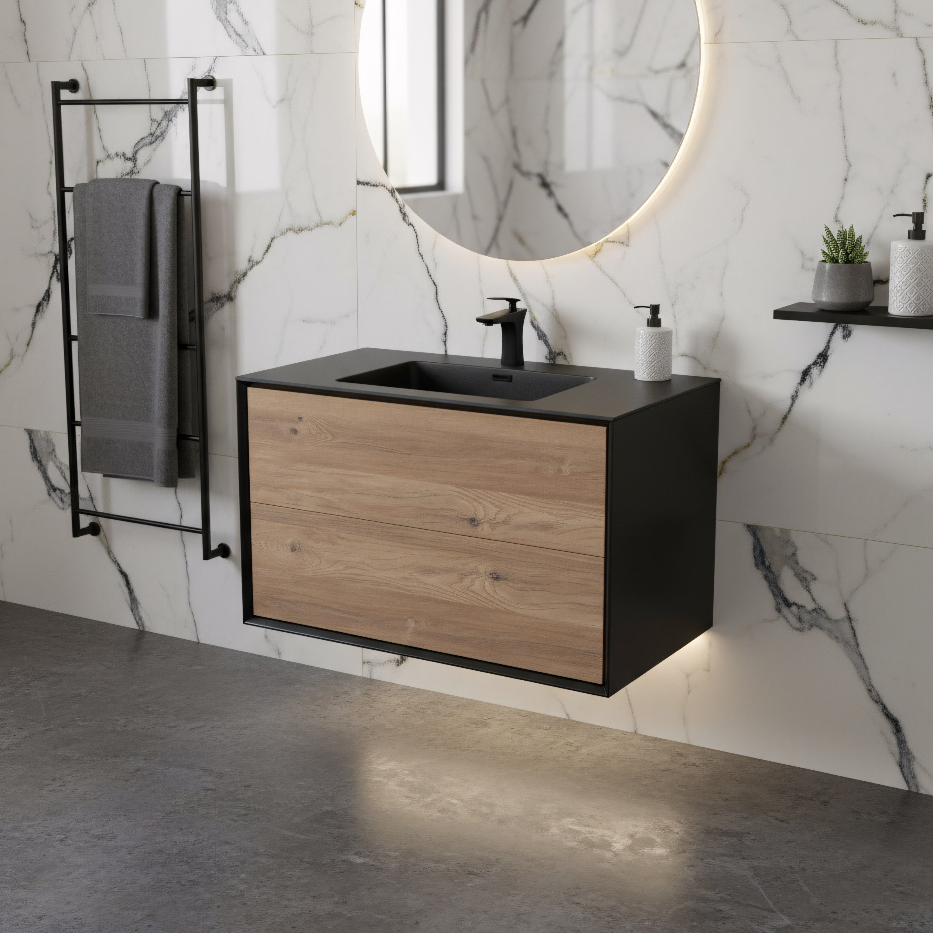 36" Black & Rough Oak Wall Mount Bathroom Vanity with Black Engineered Quartz Countertop Fleur-Migration_Bathroom Vanities-DECOROLALA
