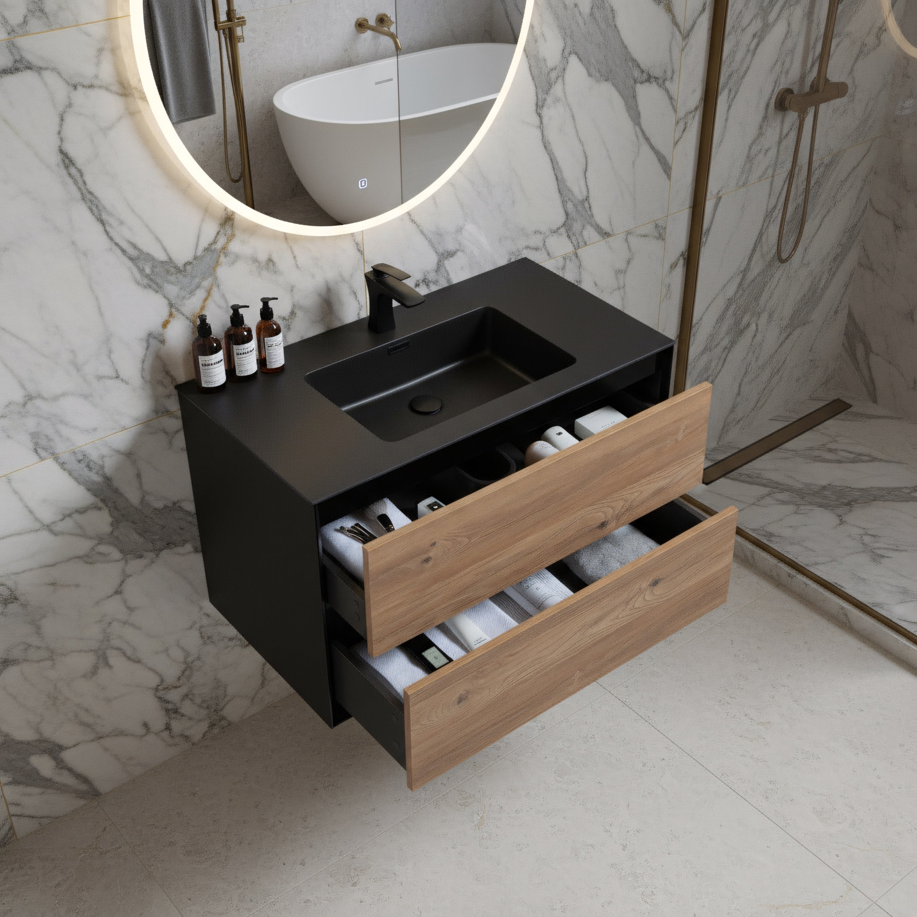 36" Black & Rough Oak Wall Mount Bathroom Vanity with Black Engineered Quartz Countertop Fleur-Migration_Bathroom Vanities-DECOROLALA