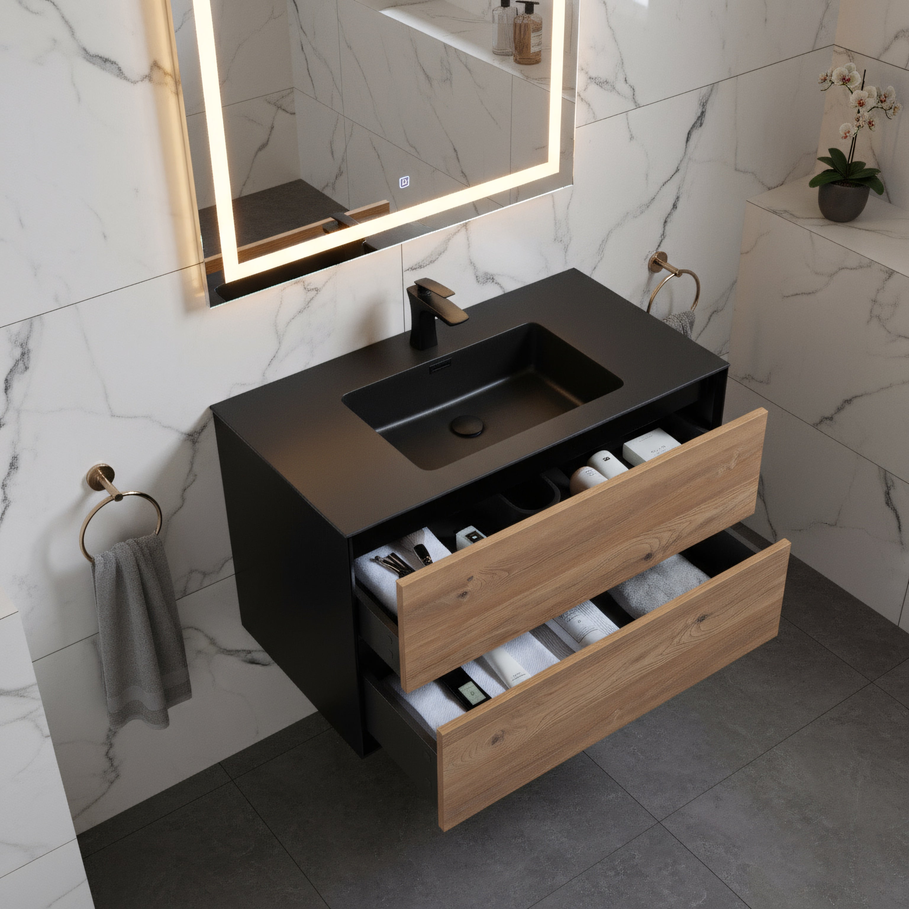 36" Black & Rough Oak Wall Mount Bathroom Vanity with Black Engineered Quartz Countertop Fleur-Migration_Bathroom Vanities-DECOROLALA