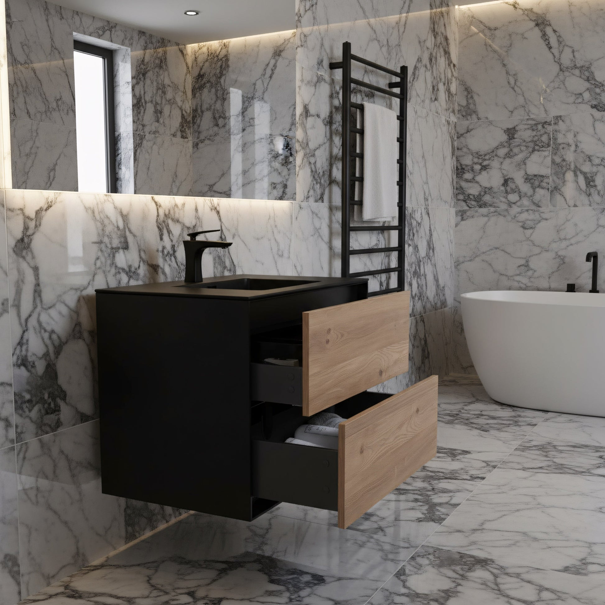 36" Black & Rough Oak Wall Mount Bathroom Vanity with Black Engineered Quartz Countertop Fleur-Migration_Bathroom Vanities-DECOROLALA