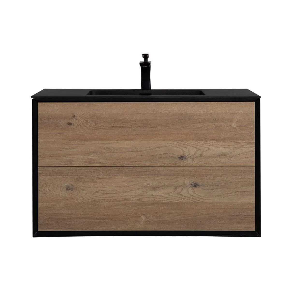 36" Black & Rough Oak Wall Mount Bathroom Vanity with Black Engineered Quartz Countertop Fleur-Migration_Bathroom Vanities-DECOROLALA