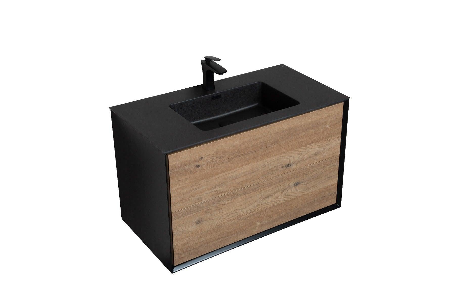 36" Black & Rough Oak Wall Mount Bathroom Vanity with Black Engineered Quartz Countertop Fleur-Migration_Bathroom Vanities-DECOROLALA