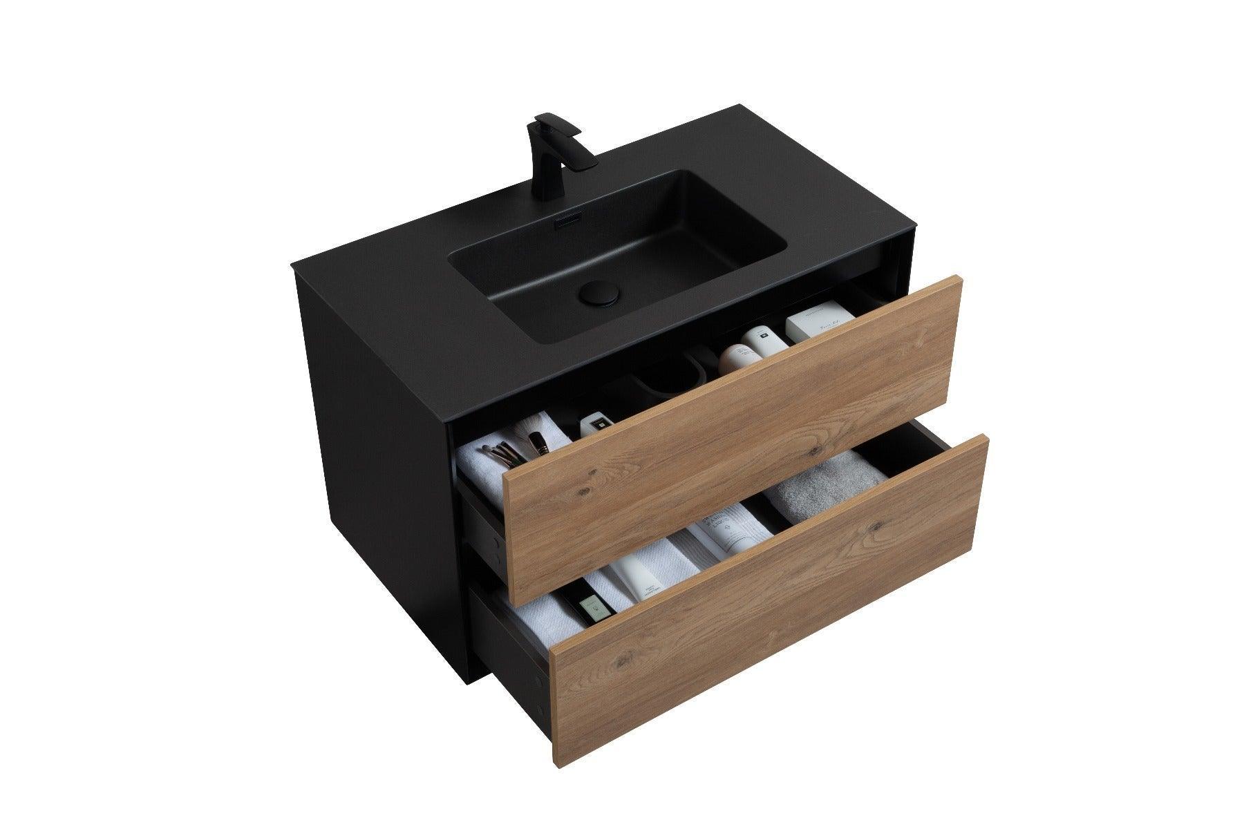 36" Black & Rough Oak Wall Mount Bathroom Vanity with Black Engineered Quartz Countertop Fleur-Migration_Bathroom Vanities-DECOROLALA