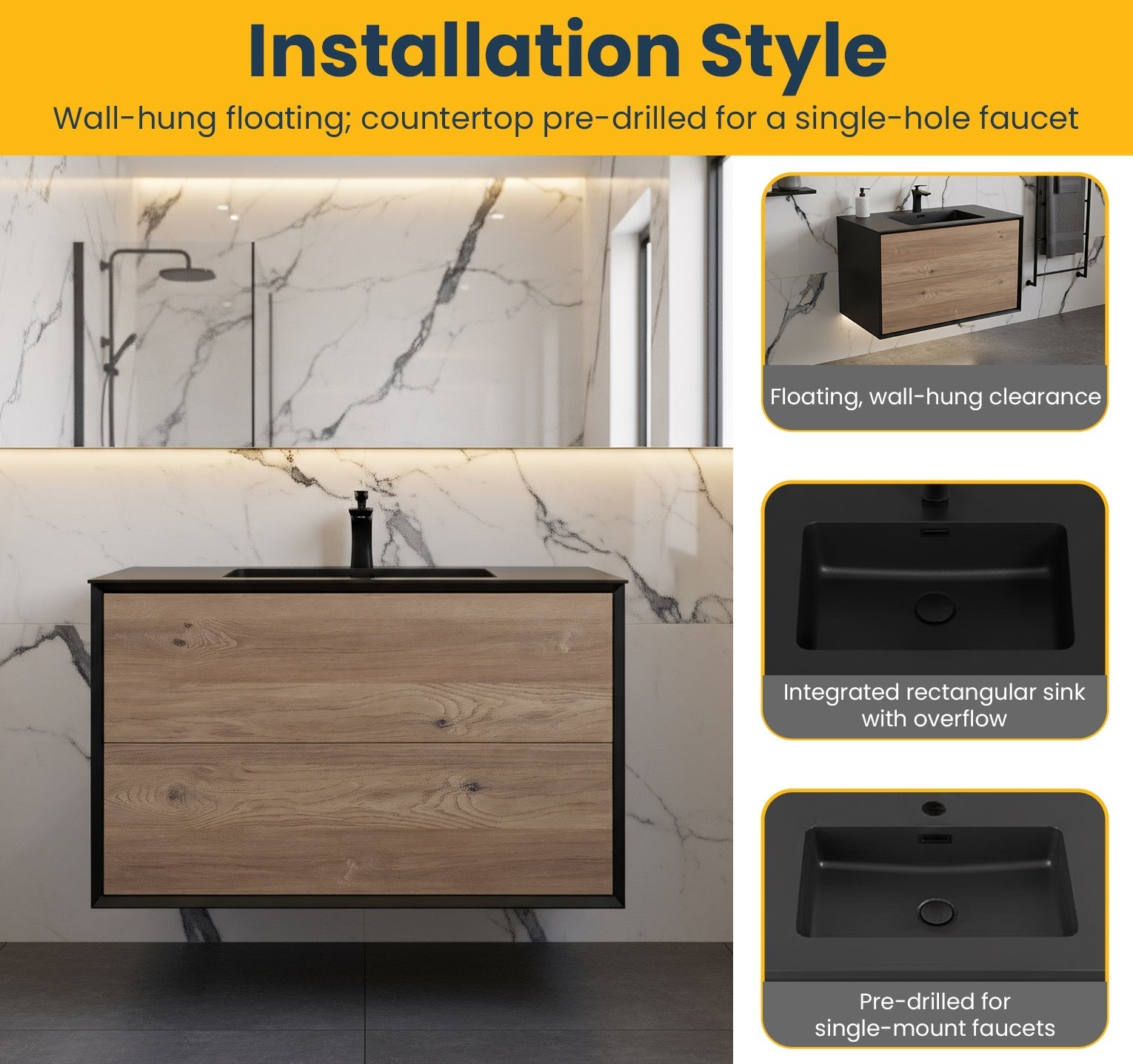 36" Black & Rough Oak Wall Mount Bathroom Vanity with Black Engineered Quartz Countertop Fleur-Migration_Bathroom Vanities-DECOROLALA