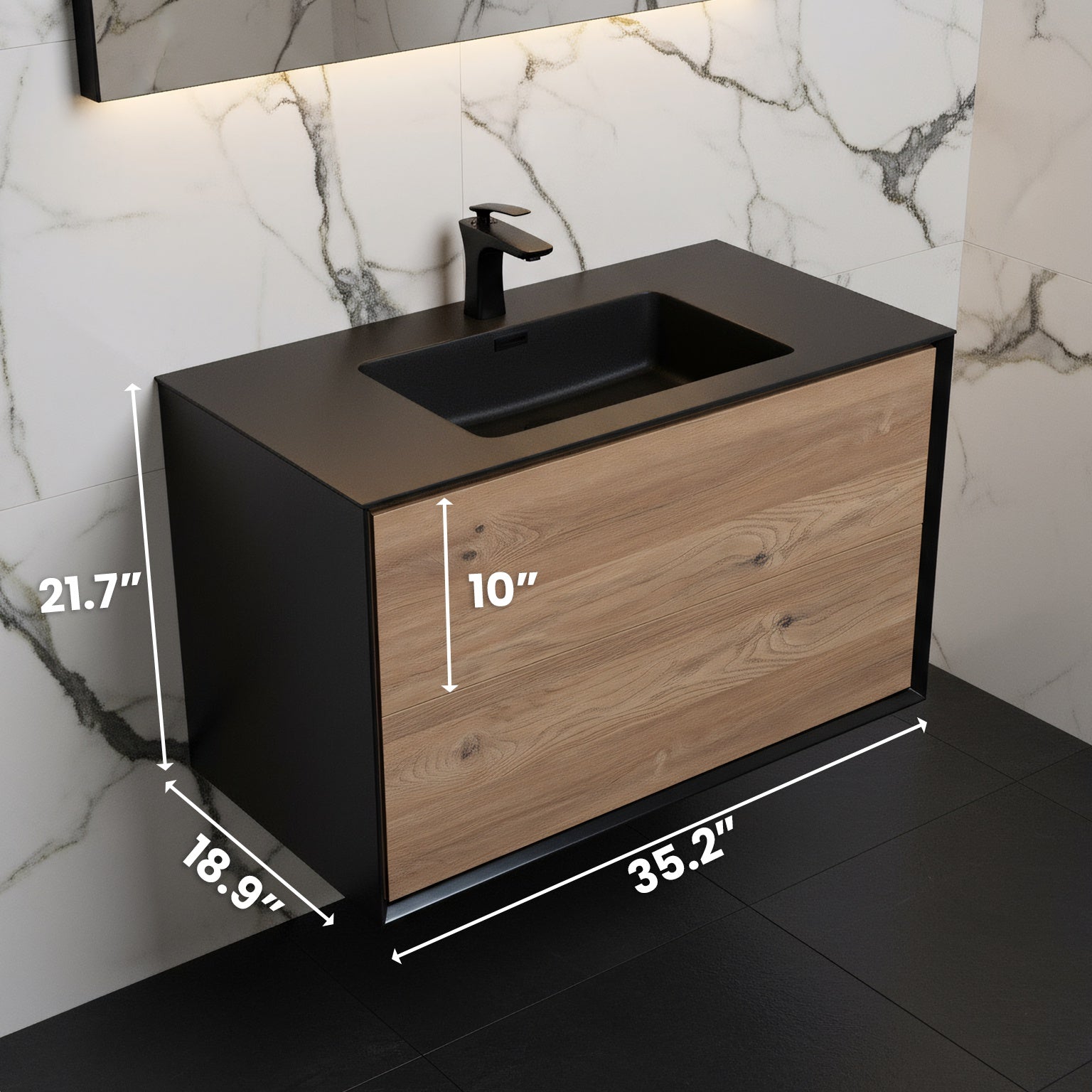 36" Black & Rough Oak Wall Mount Bathroom Vanity with Black Engineered Quartz Countertop Fleur-Migration_Bathroom Vanities-DECOROLALA