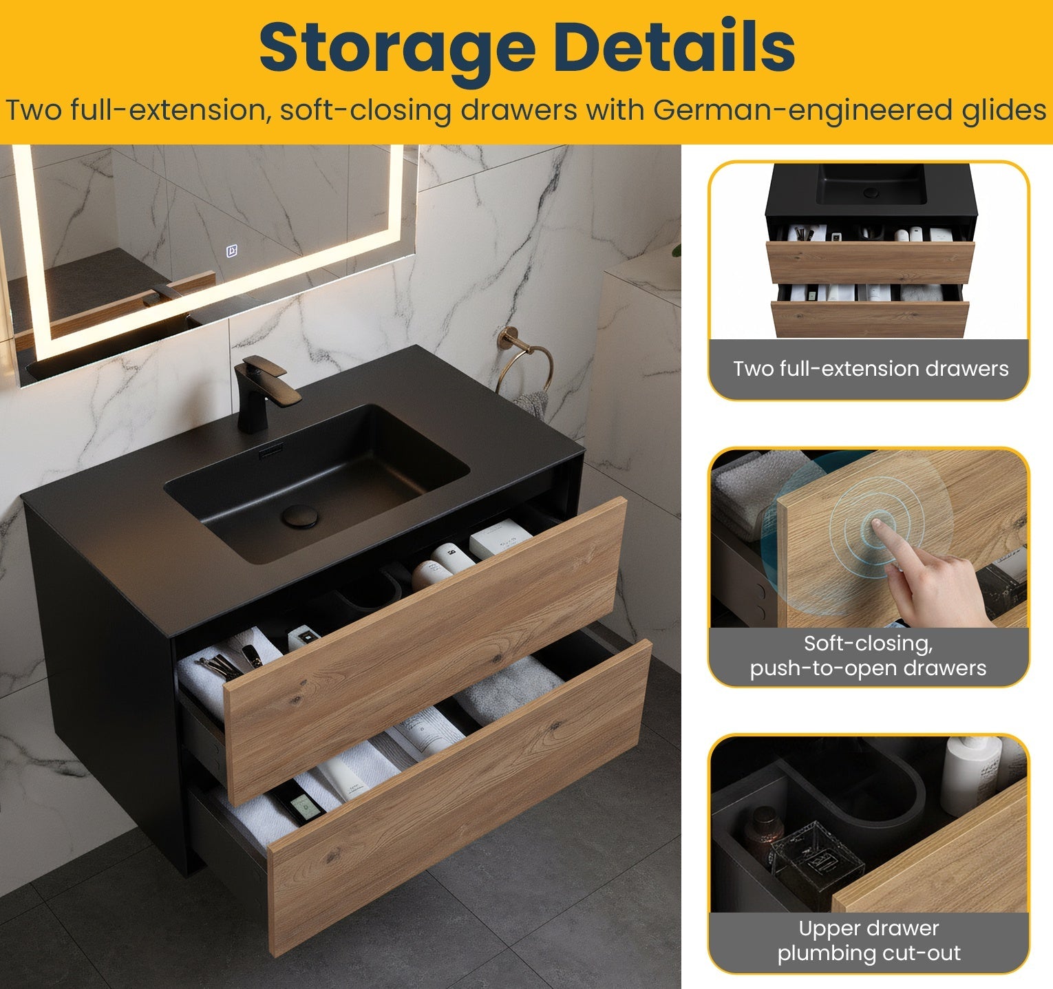 36" Black & Rough Oak Wall Mount Bathroom Vanity with Black Engineered Quartz Countertop Fleur-Migration_Bathroom Vanities-DECOROLALA