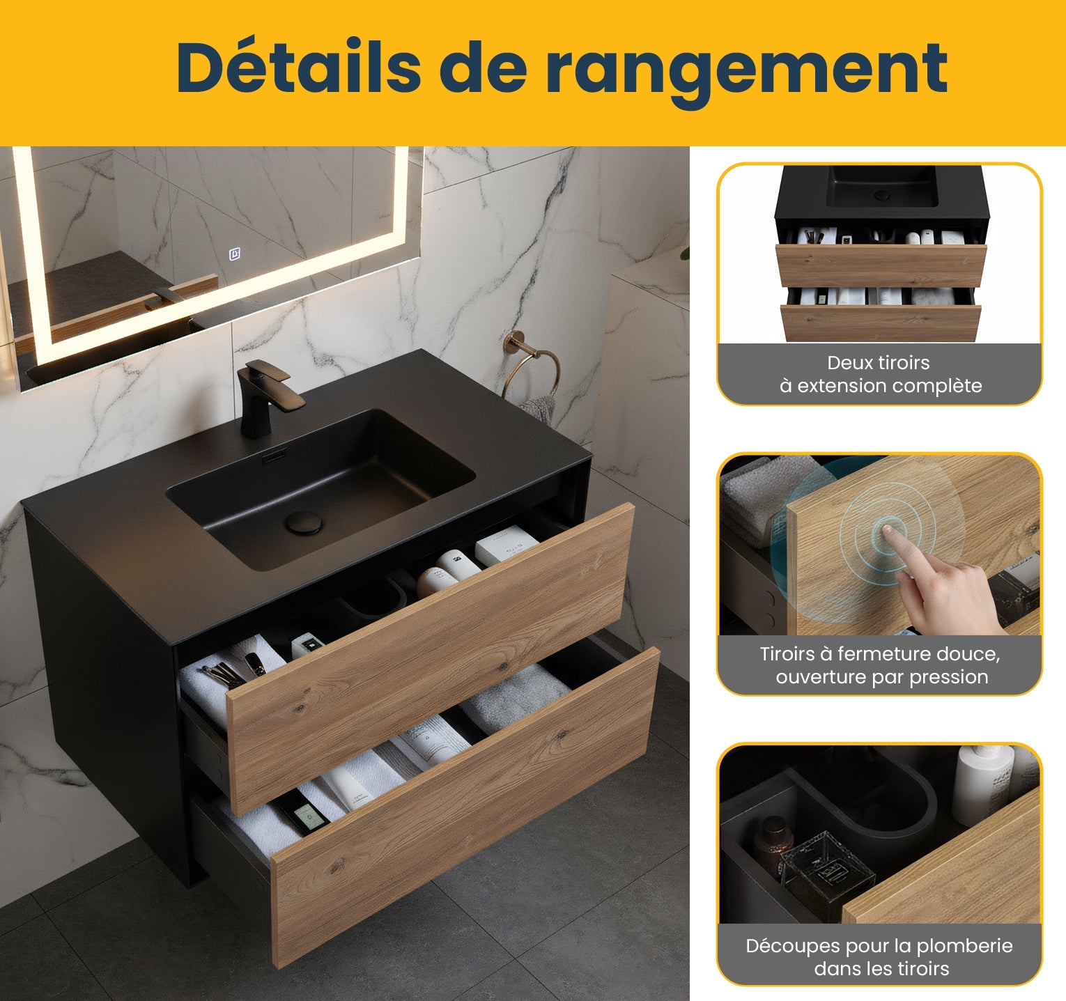 36" Black & Rough Oak Wall Mount Bathroom Vanity with Black Engineered Quartz Countertop Fleur-Migration_Bathroom Vanities-DECOROLALA