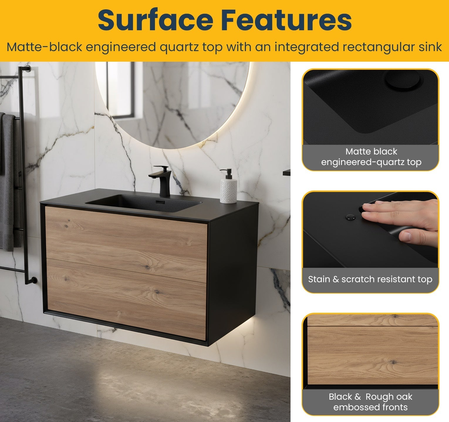36" Black & Rough Oak Wall Mount Bathroom Vanity with Black Engineered Quartz Countertop Fleur-Migration_Bathroom Vanities-DECOROLALA