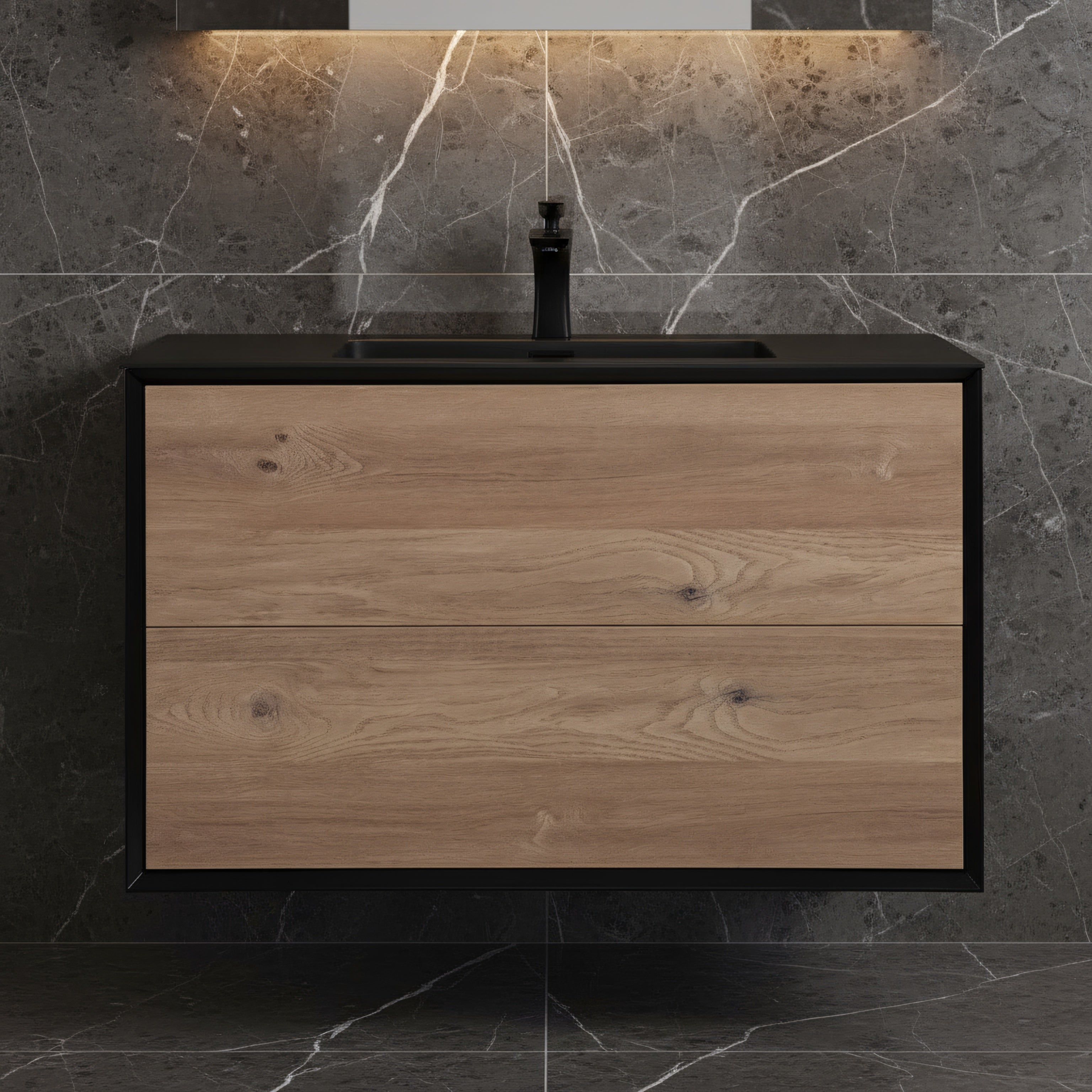 36" Black & Rough Oak Wall Mount Bathroom Vanity with Black Engineered Quartz Countertop Fleur-Migration_Bathroom Vanities-DECOROLALA