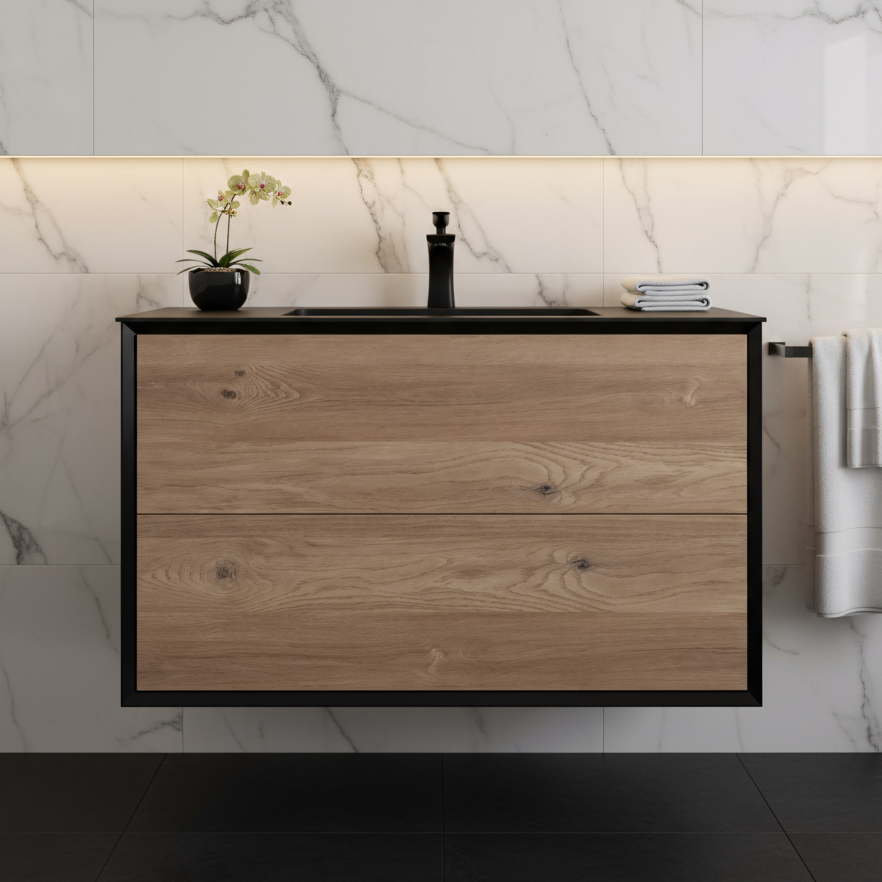 36" Black & Rough Oak Wall Mount Bathroom Vanity with Black Engineered Quartz Countertop Fleur-Migration_Bathroom Vanities-DECOROLALA