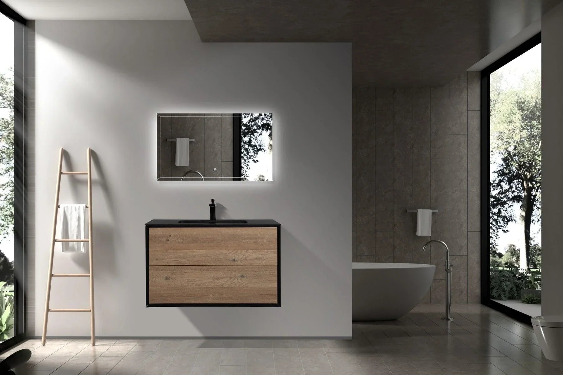 36" Black & Rough Oak Wall Mount Bathroom Vanity with Black Engineered Quartz Countertop Fleur-Migration_Bathroom Vanities-DECOROLALA