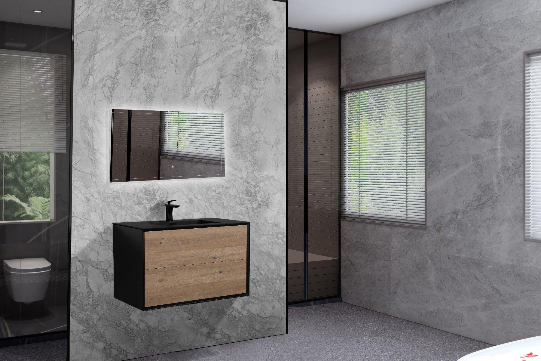 36" Black & Rough Oak Wall Mount Bathroom Vanity with Black Engineered Quartz Countertop Fleur-Migration_Bathroom Vanities-DECOROLALA