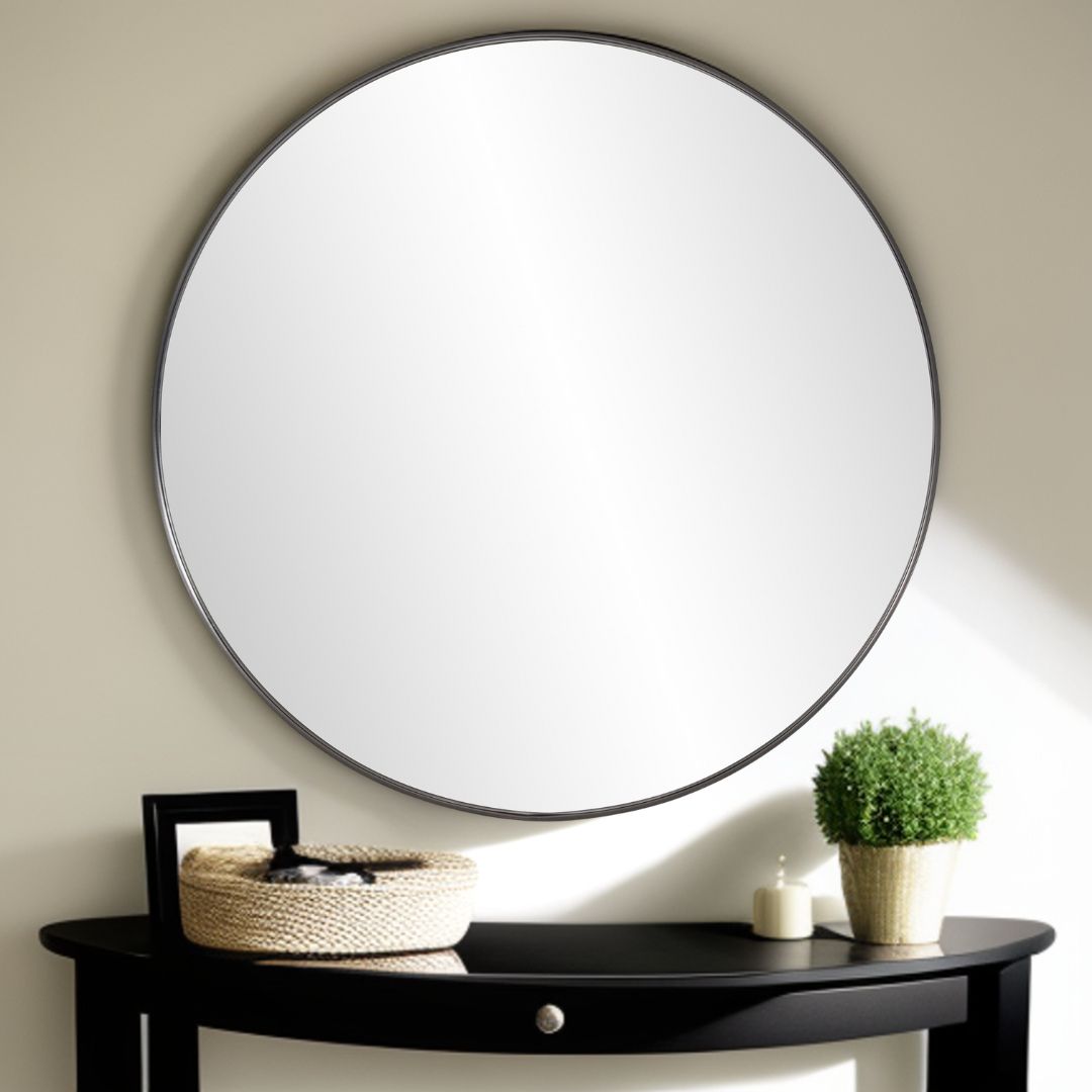 36" Black Round Framed Accent Mirror-Mirrors-DECOROLALA
