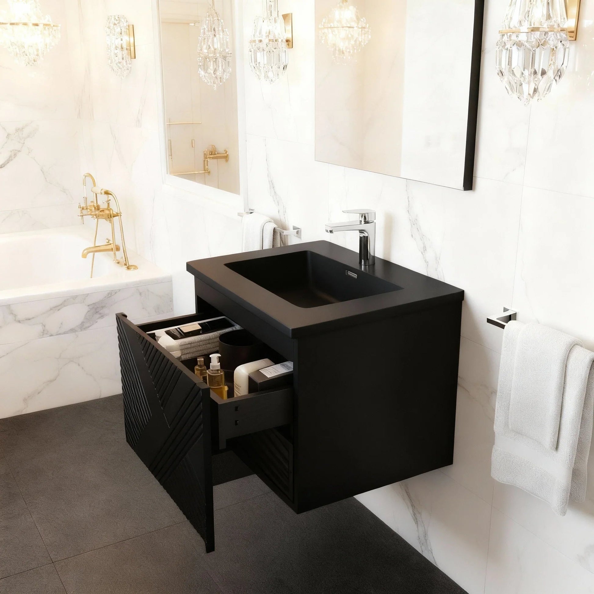 36" Black Wall Mount Bathroom Vanity with Black Engineered Quartz Countertop Roxboro-Migration_Bathroom Vanities-DECOROLALA