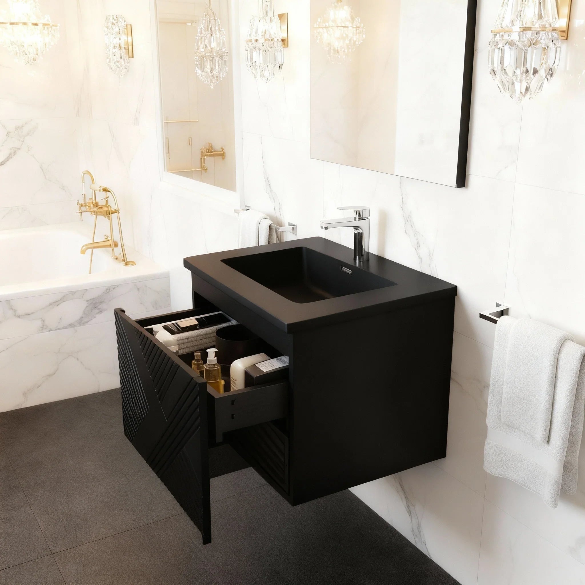 36" Black Wall Mount Bathroom Vanity with Black Engineered Quartz Countertop Roxboro-Migration_Bathroom Vanities-DECOROLALA