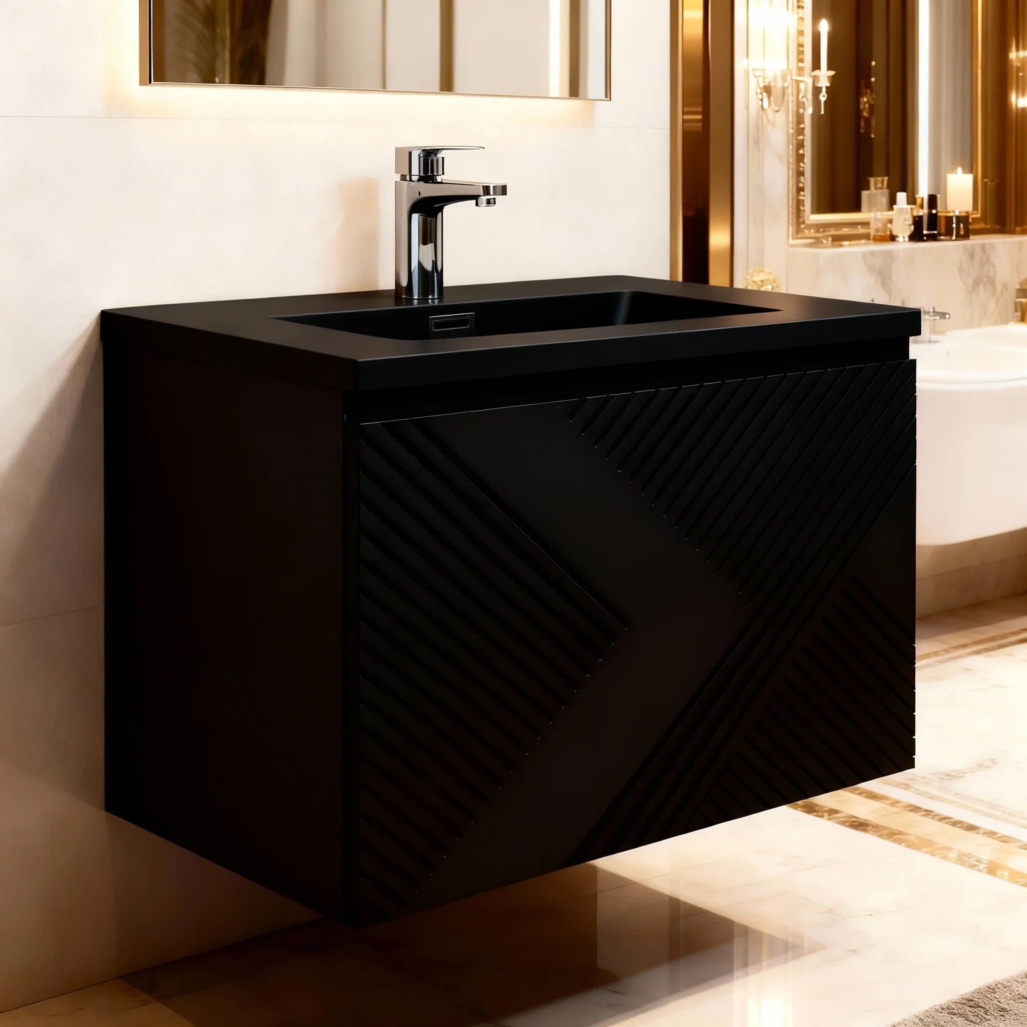 36" Black Wall Mount Bathroom Vanity with Black Engineered Quartz Countertop Roxboro-Migration_Bathroom Vanities-DECOROLALA