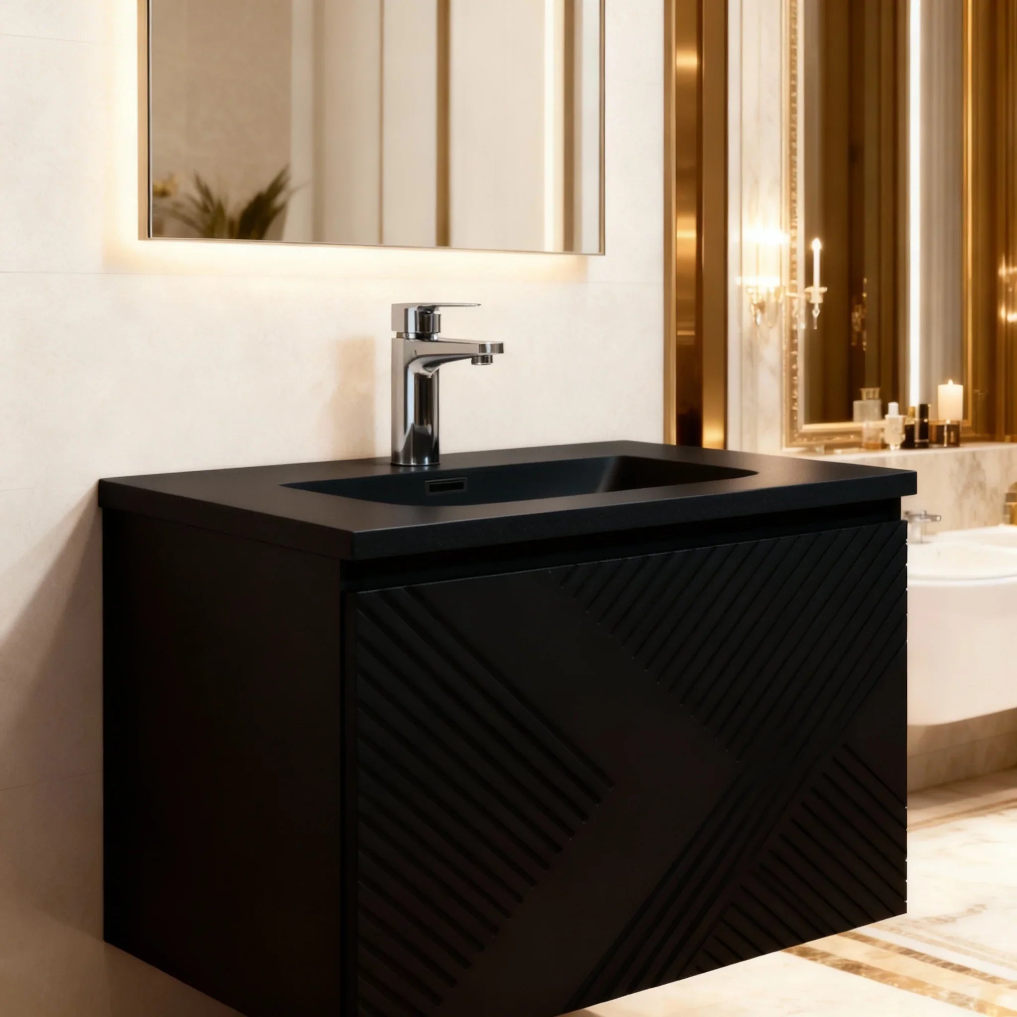 36" Black Wall Mount Bathroom Vanity with Black Engineered Quartz Countertop Roxboro-Migration_Bathroom Vanities-DECOROLALA