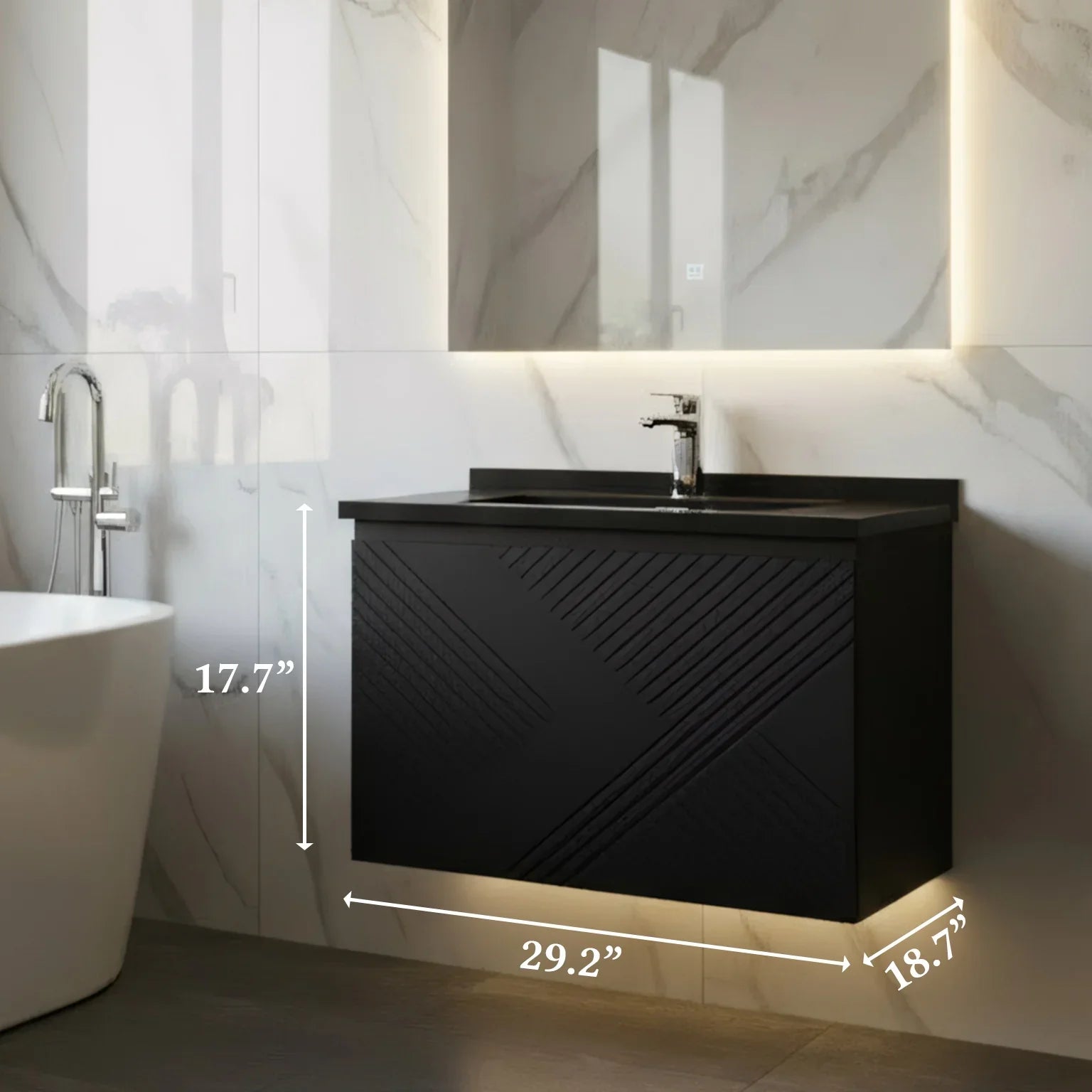 36" Black Wall Mount Bathroom Vanity with Black Engineered Quartz Countertop Roxboro-Migration_Bathroom Vanities-DECOROLALA