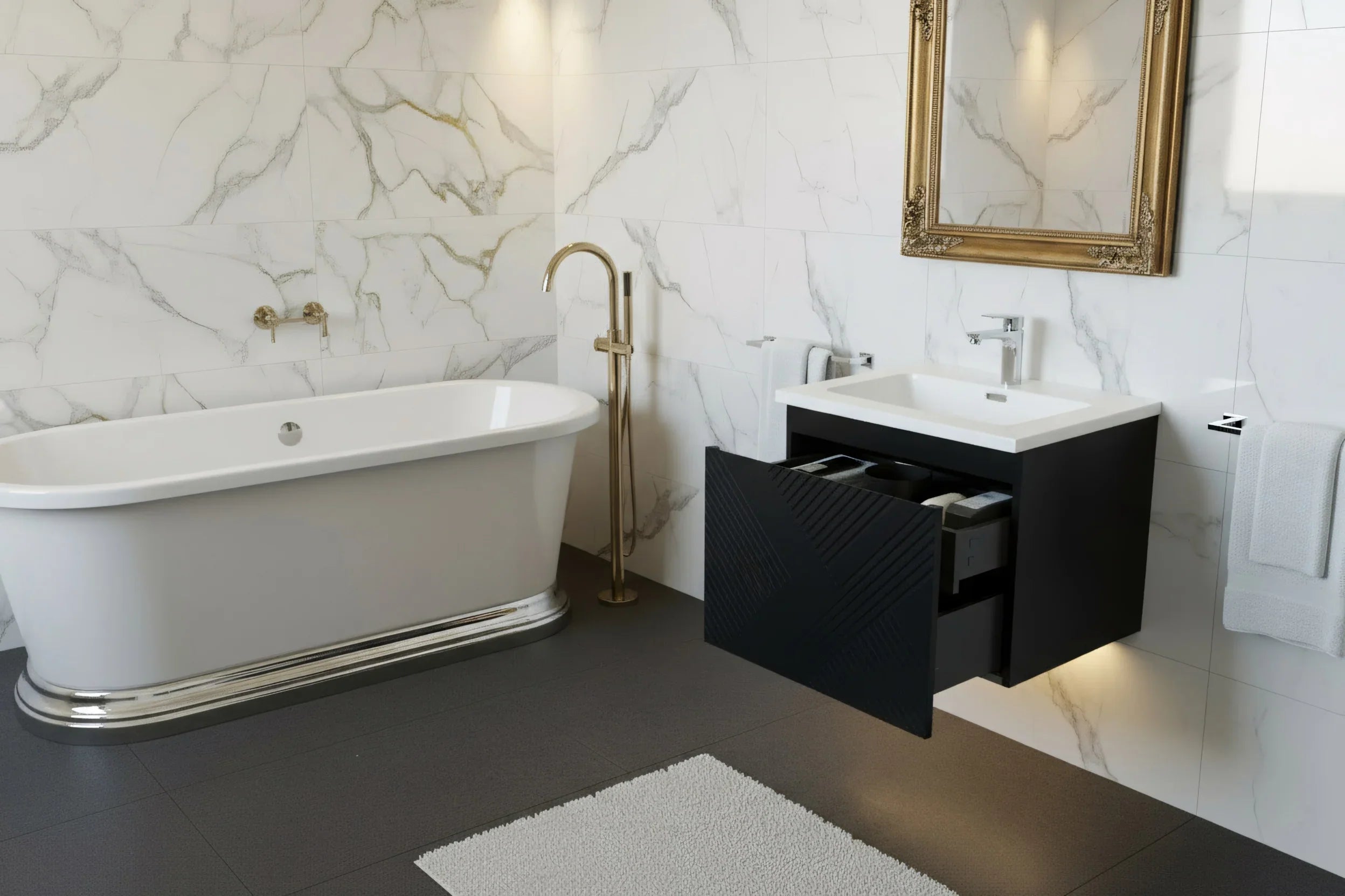 36" Black Wall Mount Bathroom Vanity with White Polymarble Countertop-Migration_Bathroom Vanities-DECOROLALA