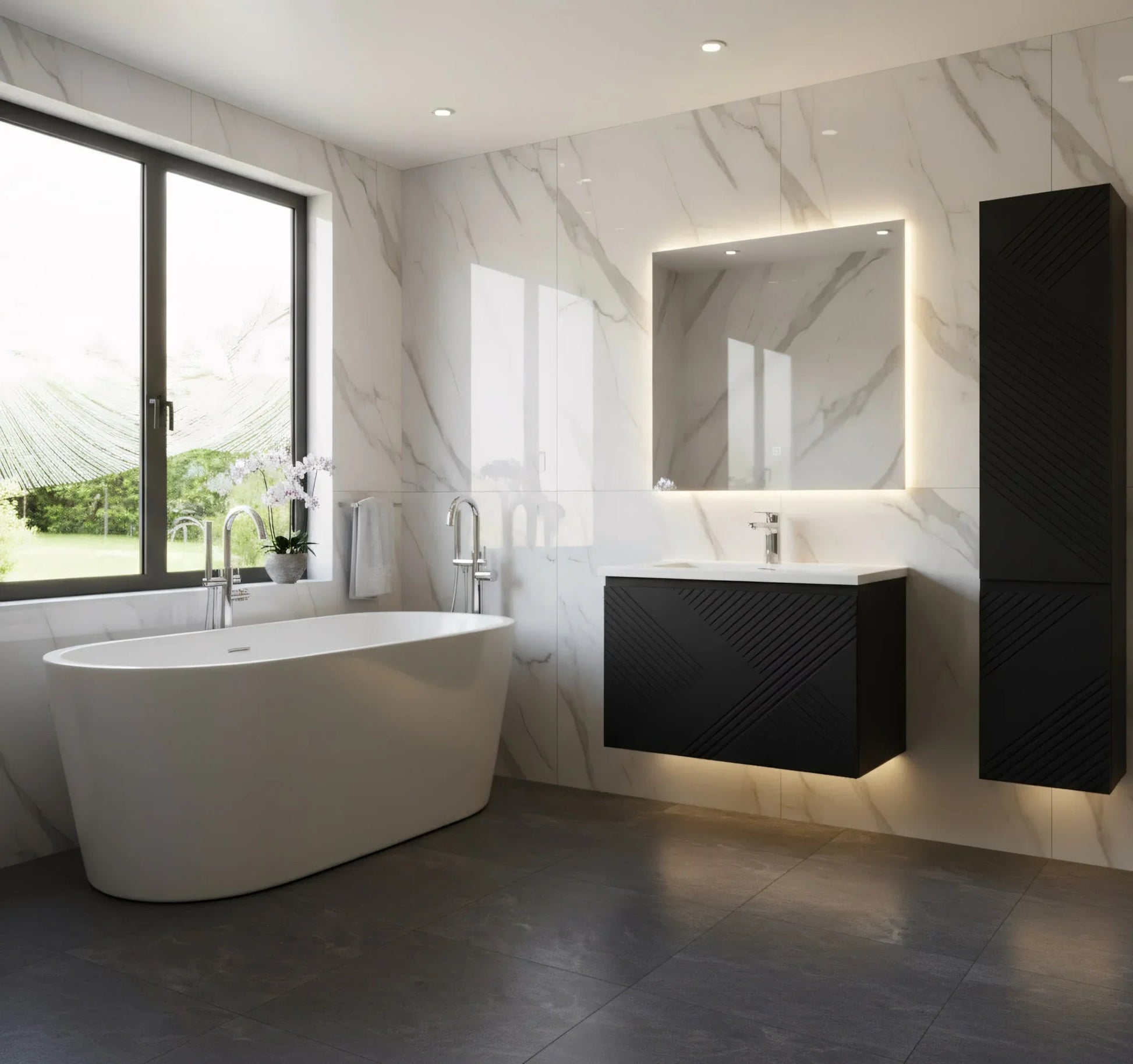 36" Black Wall Mount Bathroom Vanity with White Polymarble Countertop-Migration_Bathroom Vanities-DECOROLALA