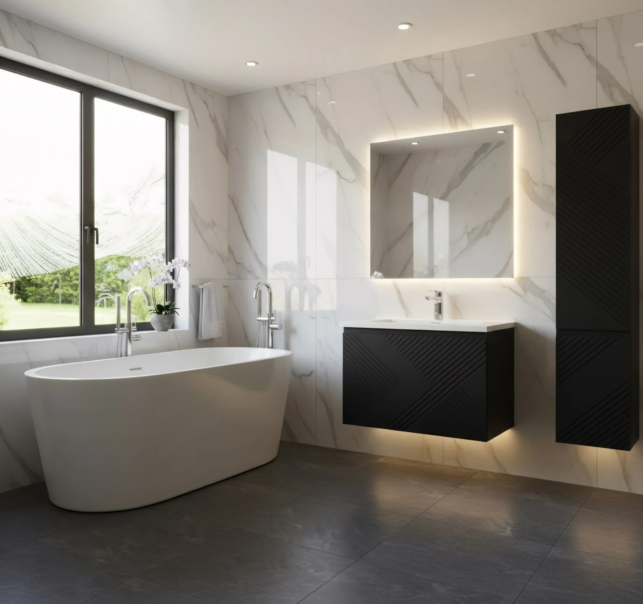 36" Black Wall Mount Bathroom Vanity with White Polymarble Countertop-Migration_Bathroom Vanities-DECOROLALA