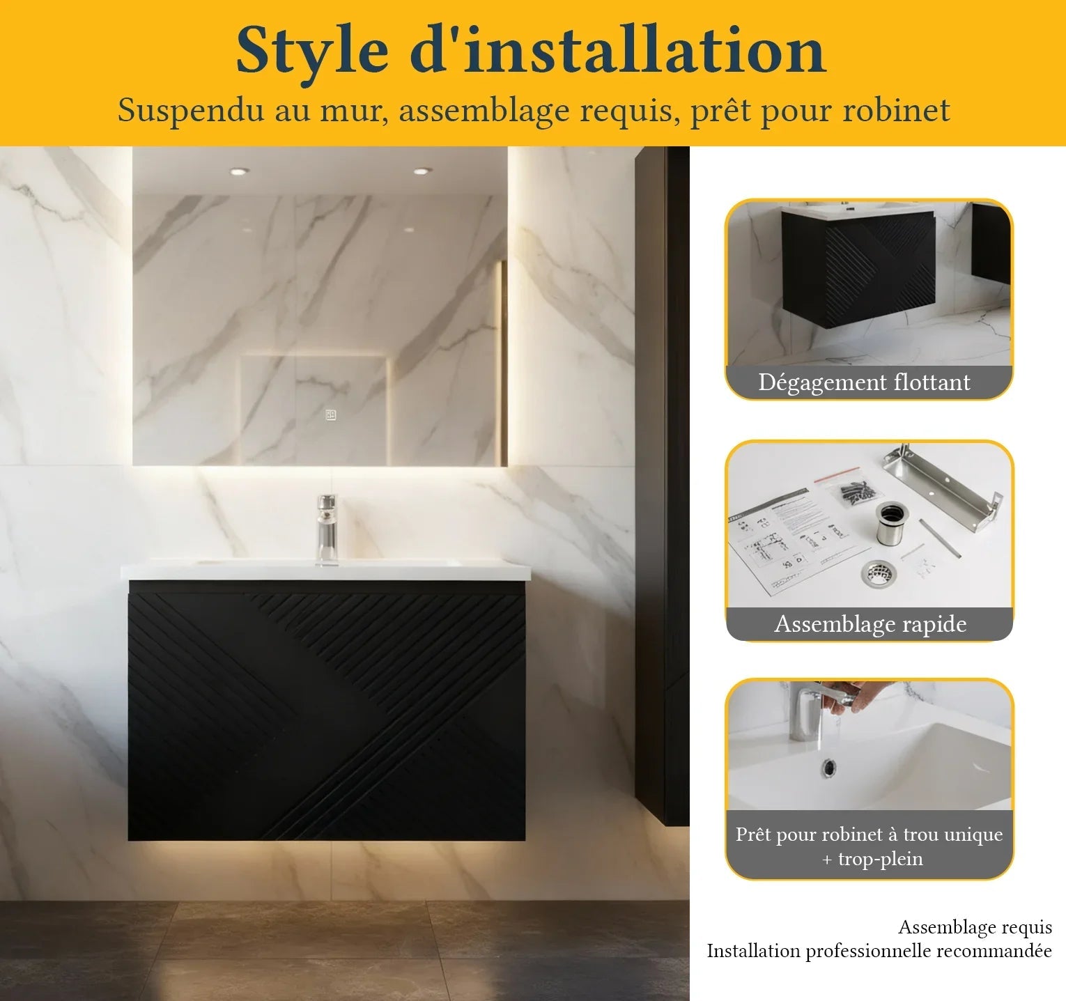 36" Black Wall Mount Bathroom Vanity with White Polymarble Countertop-Migration_Bathroom Vanities-DECOROLALA
