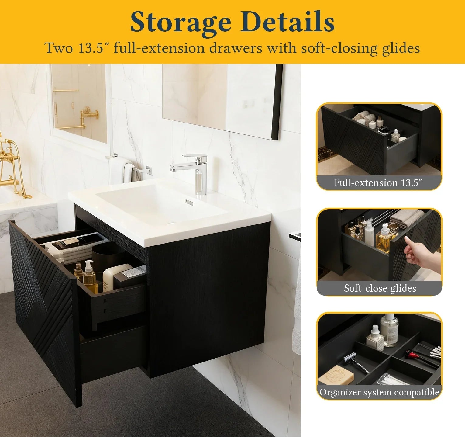 36" Black Wall Mount Bathroom Vanity with White Polymarble Countertop-Migration_Bathroom Vanities-DECOROLALA