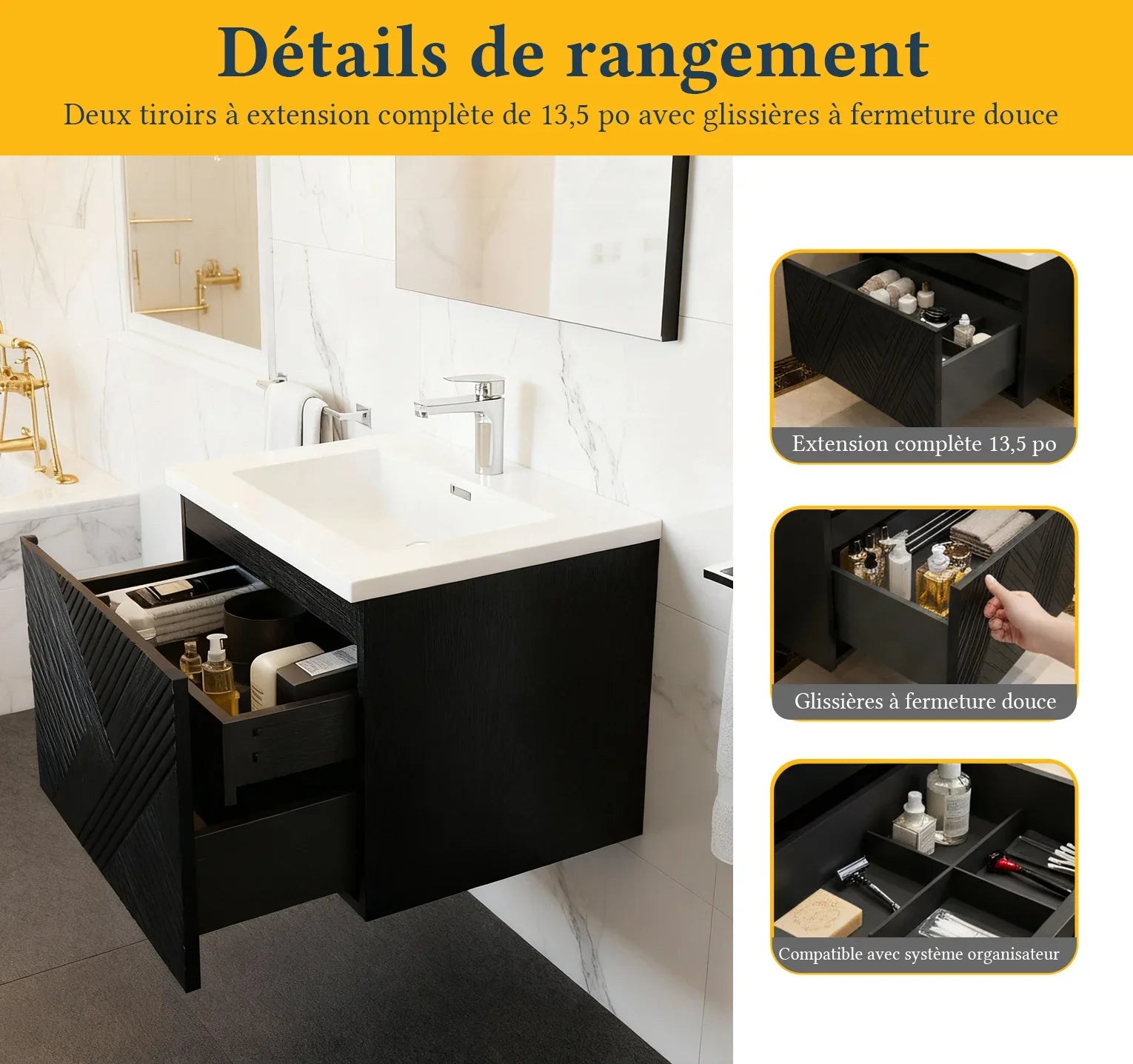 36" Black Wall Mount Bathroom Vanity with White Polymarble Countertop-Migration_Bathroom Vanities-DECOROLALA