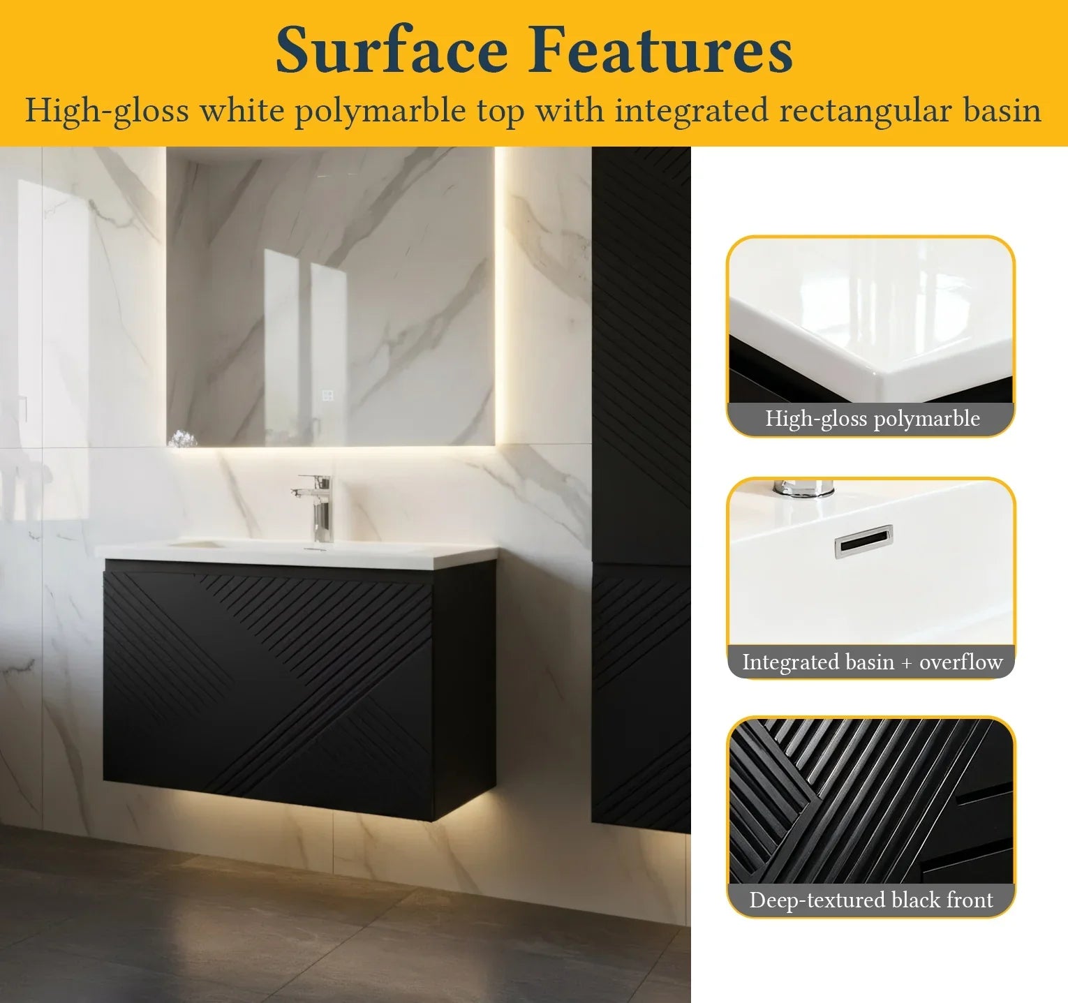 36" Black Wall Mount Bathroom Vanity with White Polymarble Countertop-Migration_Bathroom Vanities-DECOROLALA