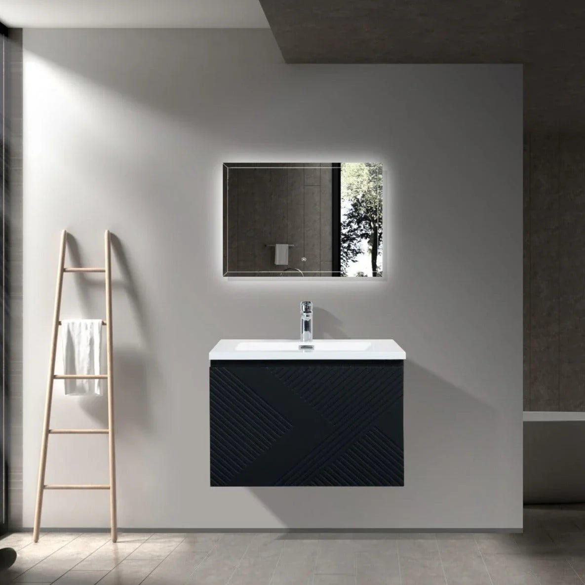 36" Black Wall Mount Bathroom Vanity with White Polymarble Countertop-Migration_Bathroom Vanities-DECOROLALA