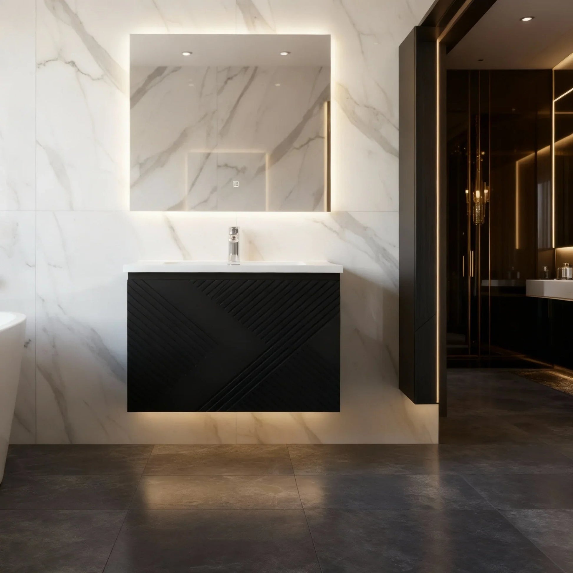 36" Black Wall Mount Bathroom Vanity with White Polymarble Countertop-Migration_Bathroom Vanities-DECOROLALA